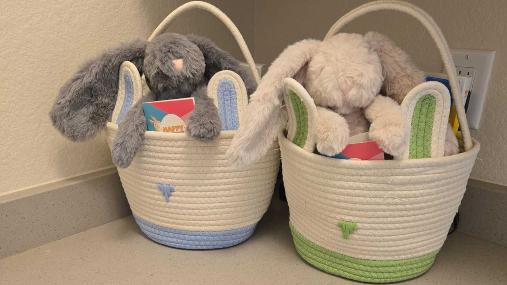 thumbnail video image 2 of Large Woven Easter Baskets for Girls & Boys - Empty Basket with Gift Bags and Ribbons Cute Easter Decorations Bunny Ears Designs (Green), 2 of 9