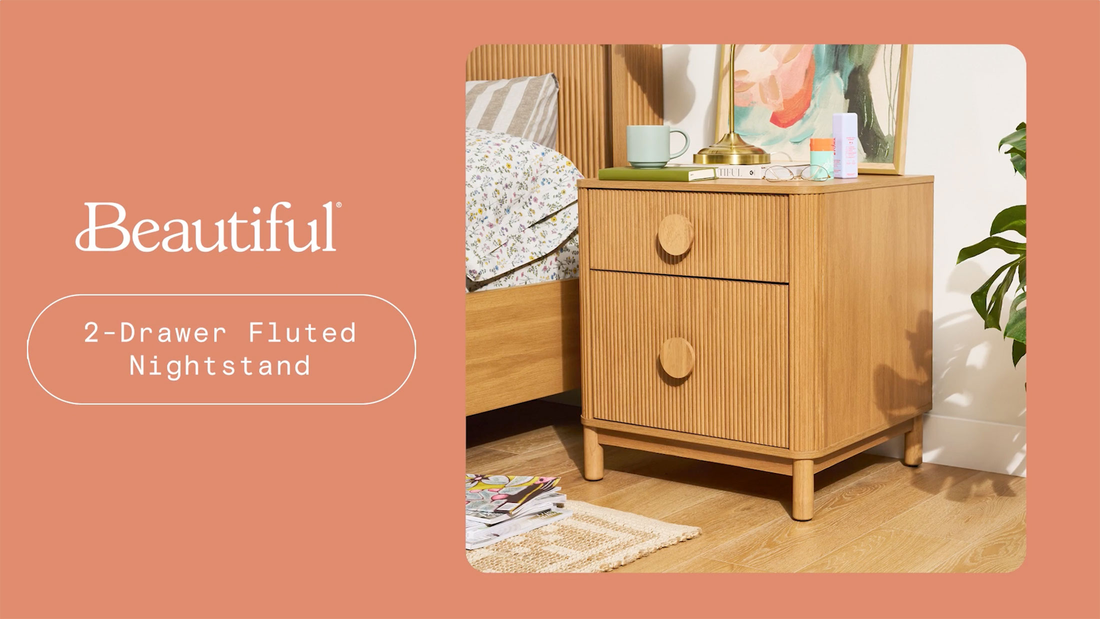 thumbnail video image 2 of Beautiful 2-Drawer Fluted Nightstand with Teched Away by Drew Barrymore, Warm Honey Finish, Adults and Teens, 2 of 17