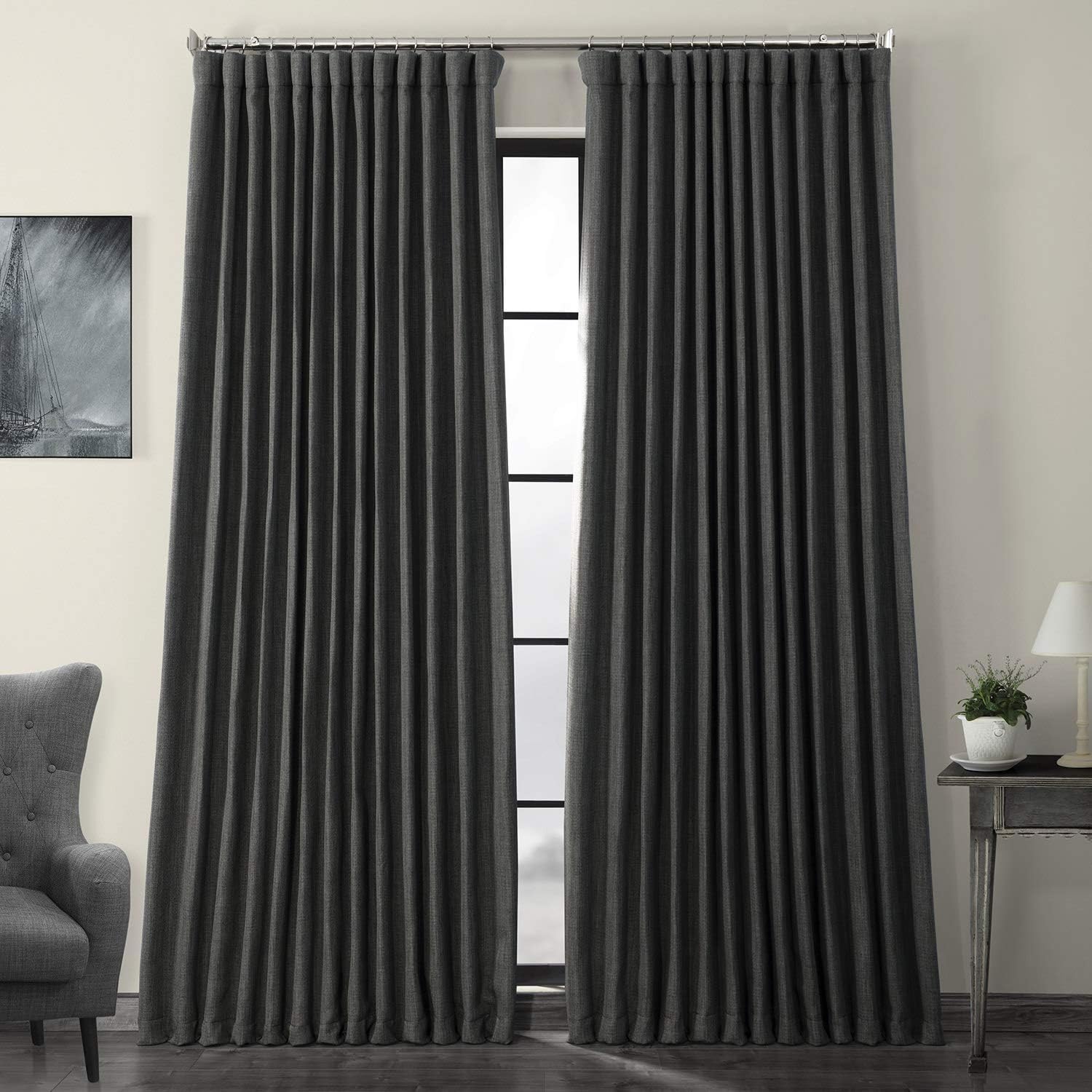 thumbnail video image 2 of Dark Gravel Faux Linen Extra Wide Room Darkening Curtain (1 Panel), Dark Gravel, 100W X 96L, 2 of 12