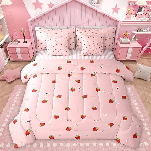 thumbnail video image 2 of Homewish Kawaii Sweet Strawberry 7-Piece Twin Bedding Sets,Cute Daisy Flower Bedding Comforter Set,Pink Red Sheet Sets For Girl Teens,Super Cozy Room Decor Reversible, 2 of 9