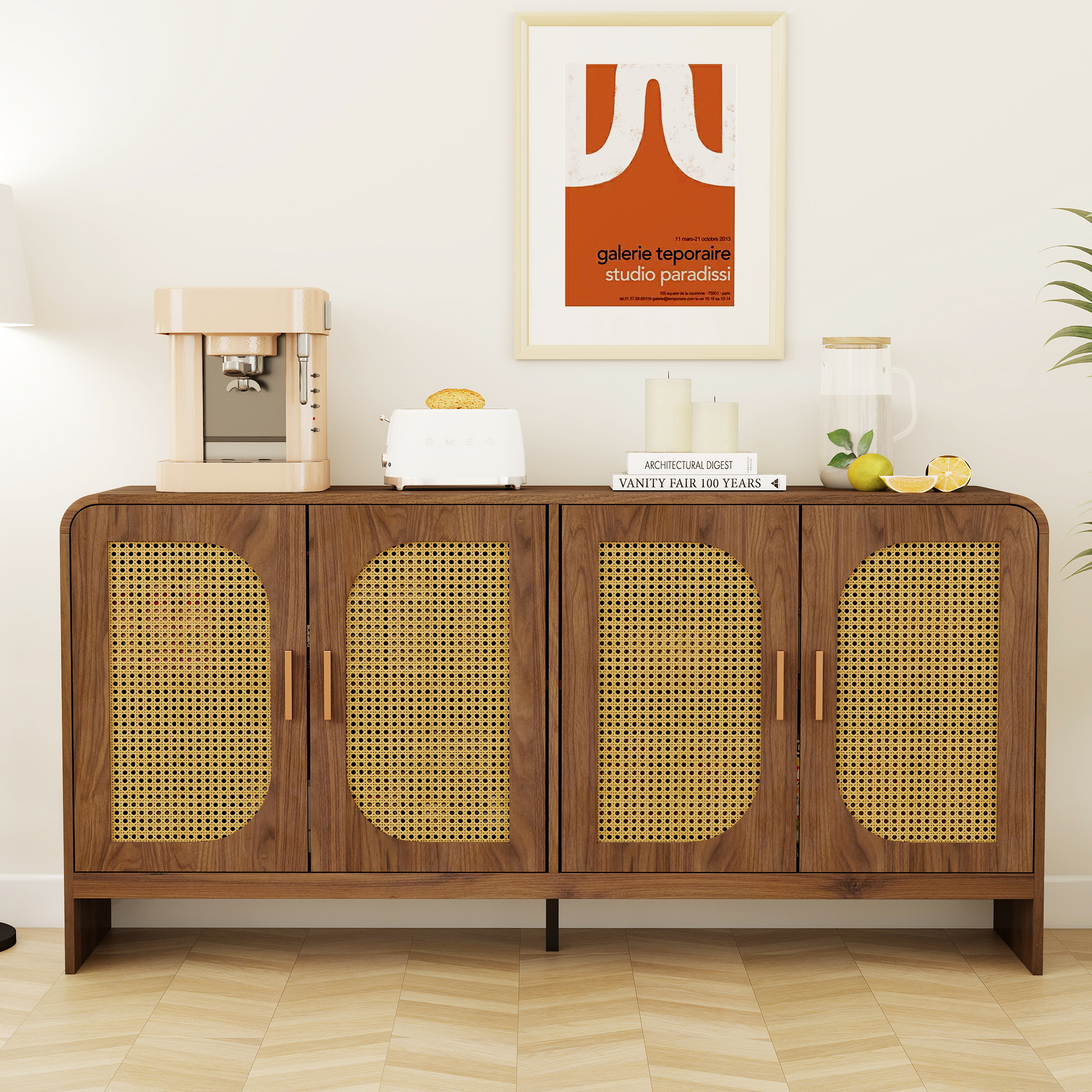 thumbnail video image 2 of Rattan Sideboard with Doors, Buffet Storage Cabinet with Adjustable Shelves, Modern Console Table for Kitchen, Living Room, Entryway, 2 of 7