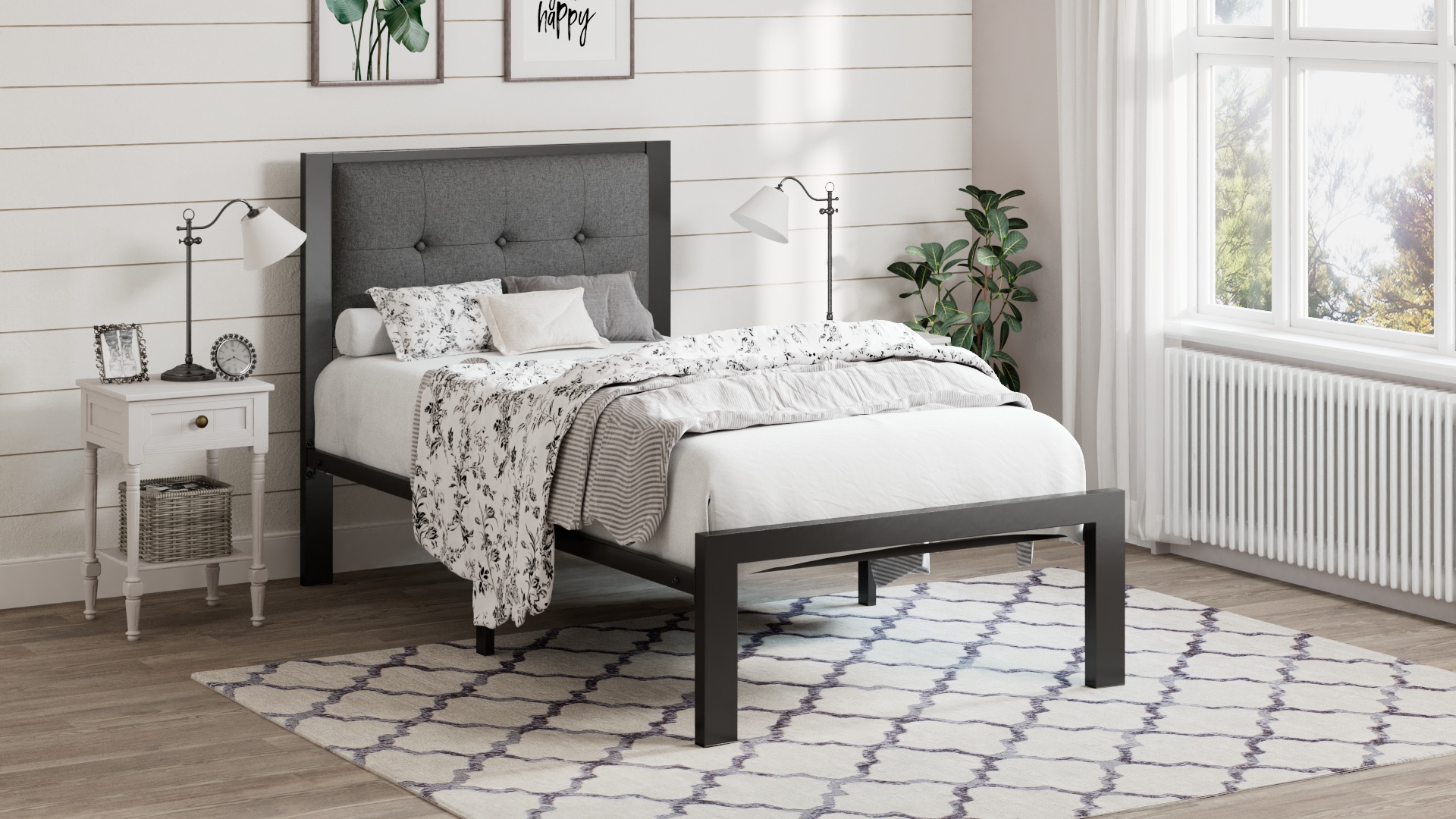 thumbnail video image 2 of Amolife Twin Size Metal Platform Bed Frame with Linen Fabric Button Tufted Upholstered Headboard, Grey, 2 of 10
