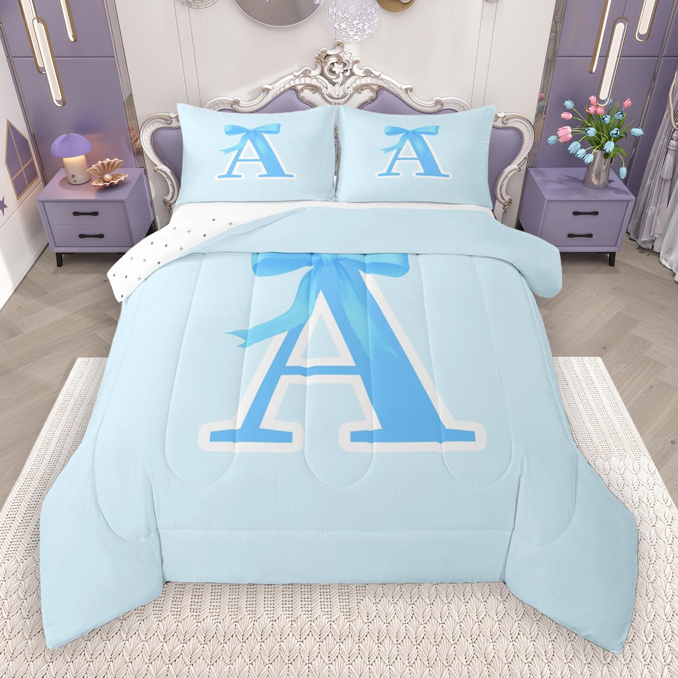thumbnail video image 2 of Manfei Bowtie Letter D Full Size Comforter Sets,Bowknot Monogrammed Theme Bedding Comforter Set,Blue Cartoon Bow Knot Bedding Sets For Girl Teens,Ultra Soft Bedroom Decor Reversible,3-Piece, 2 of 9