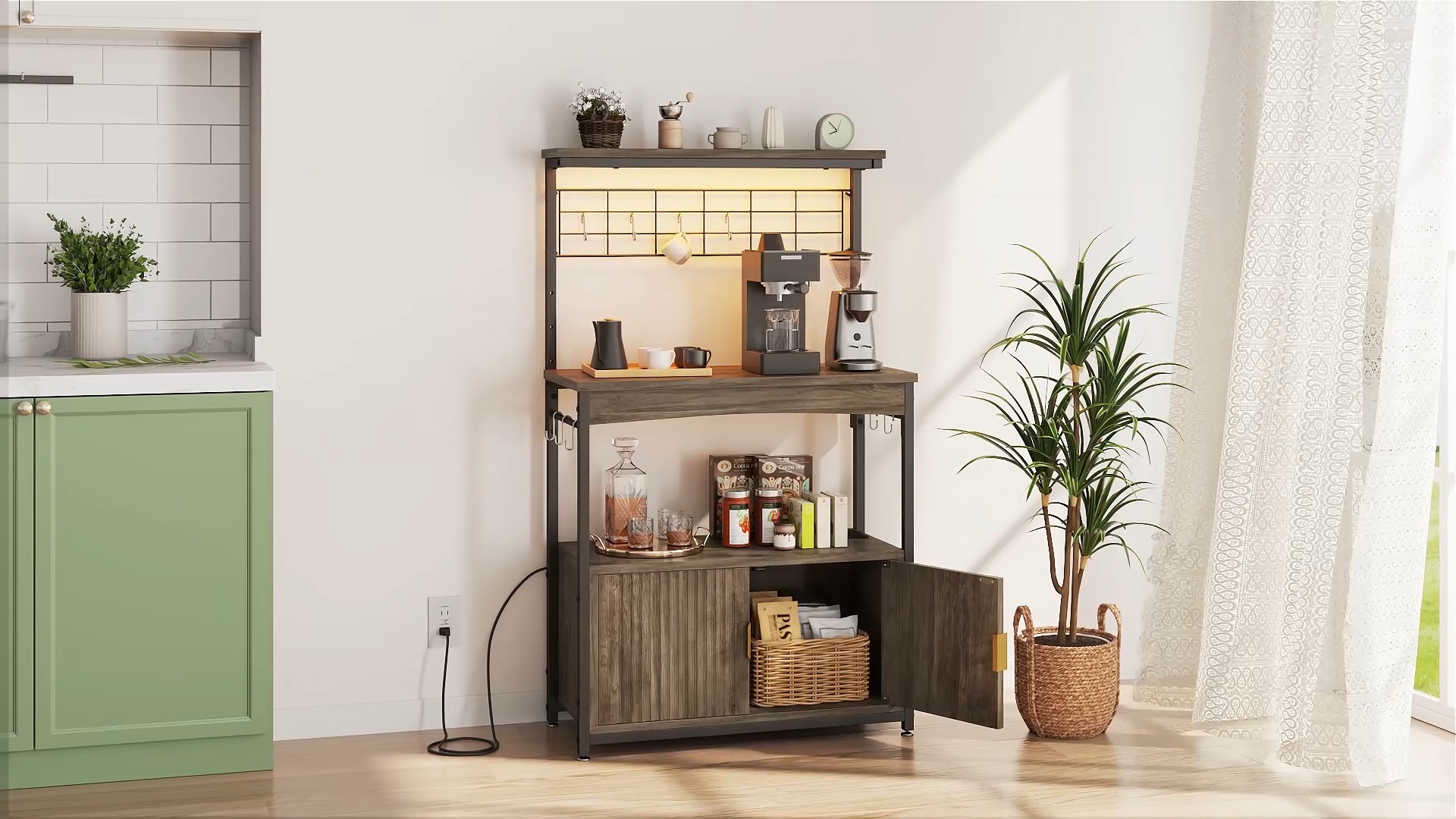 thumbnail video image 2 of Bestier Bakers Rack with Power Outlet, Height-Adjustable 45" to 55" Kitchen Microwave Stand with Sstorage Cabinet, Coffee Bar Cabinet with LED Light, Kitchen Stand with 10 S-Hooks (Black), 2 of 10