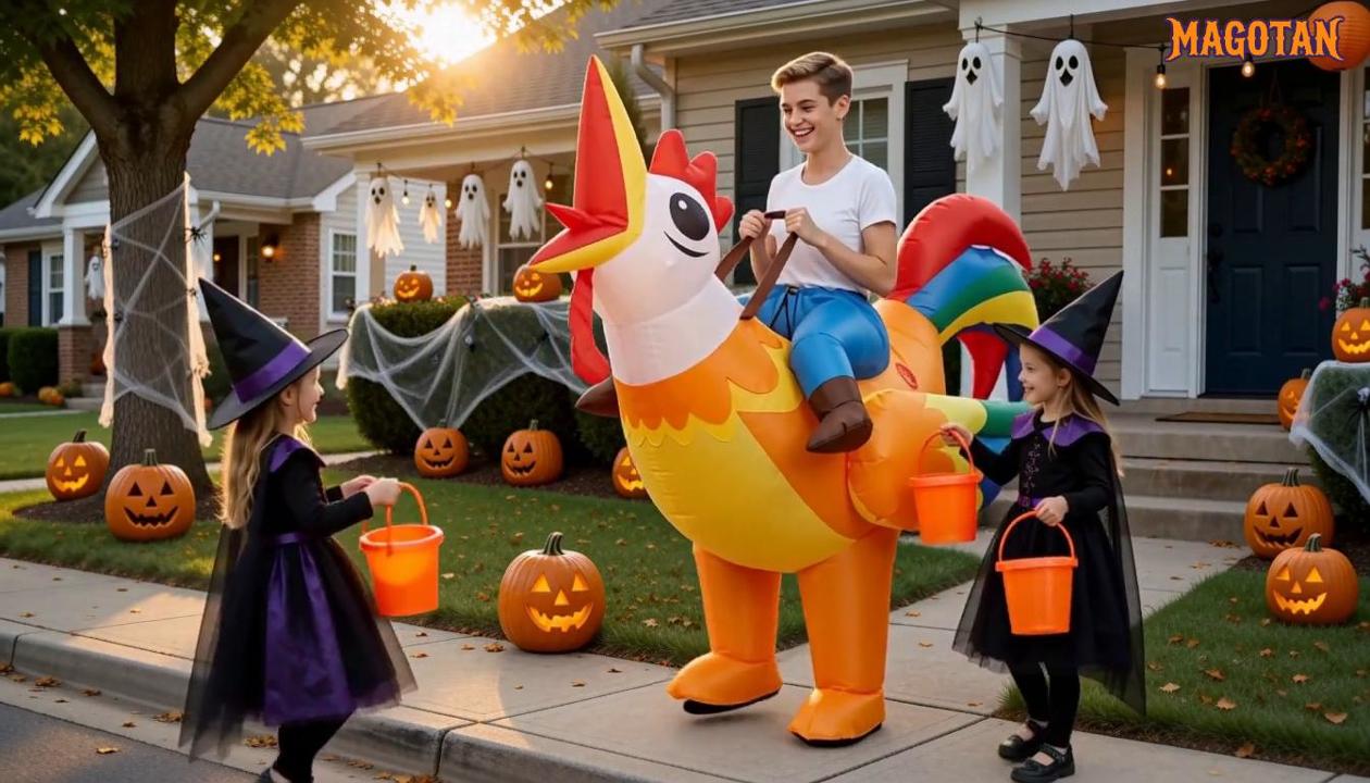 thumbnail video image 2 of Magotan Chicken Unisex Halloween Inflatable Costumes with Riding Rooster Blow Up for Adult, One Size, 2 of 9
