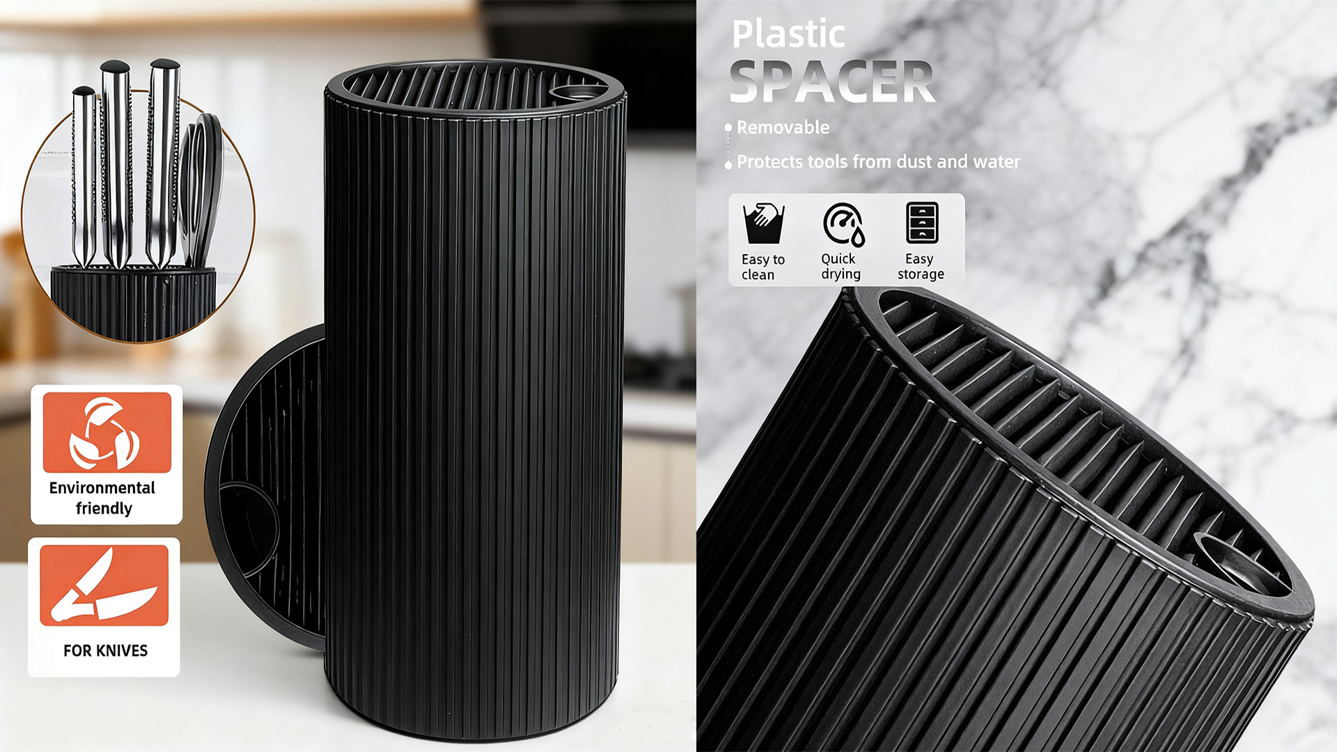 thumbnail video image 2 of Knife Block without Knives Universal Kitchen Knife Holder Round Compact Empty Knife Storage Stand with Sharpener Rod and Scissor Slot,Black, 2 of 8