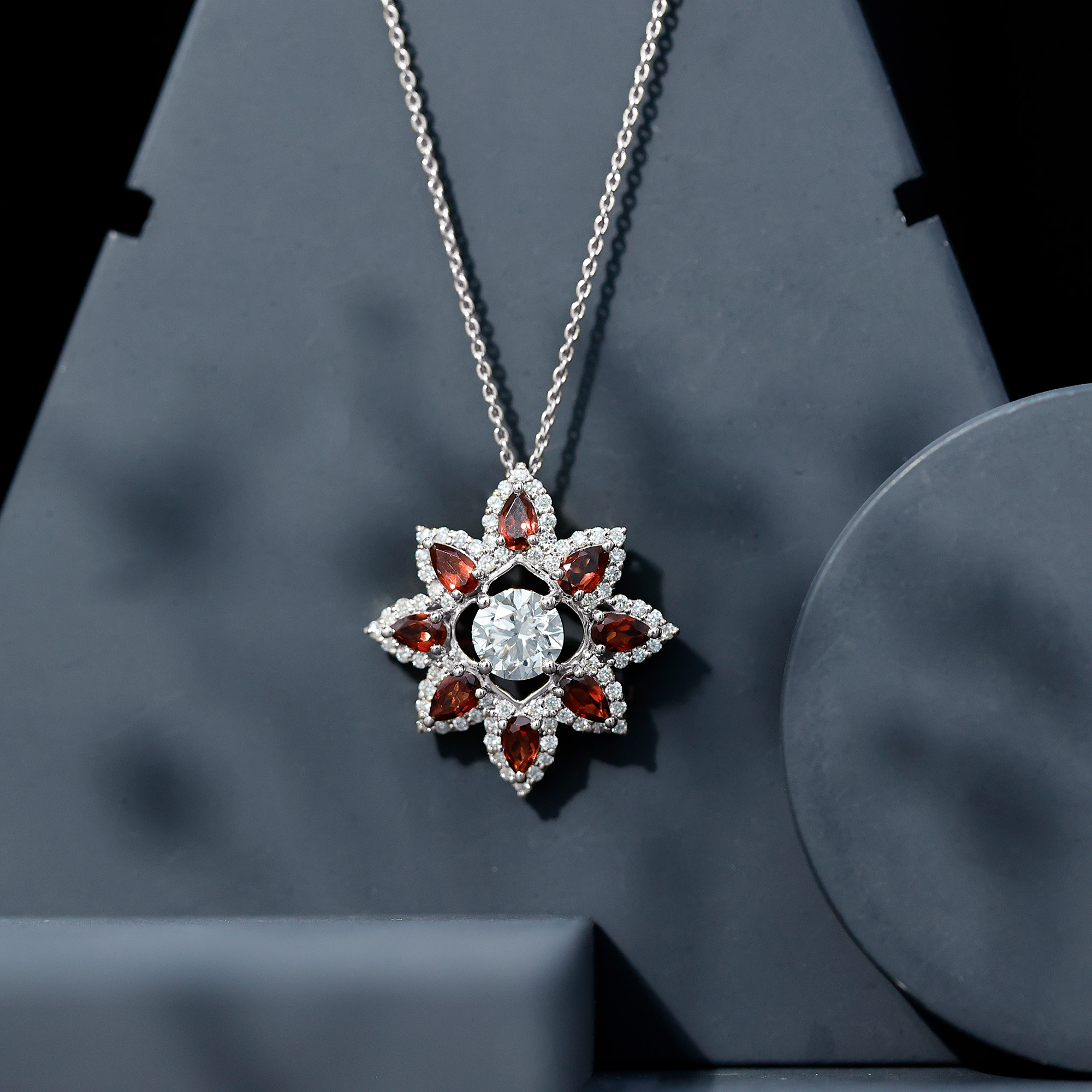 thumbnail video image 2 of Rosec Jewels Lab Grown Diamond Flower Necklace - Diamond Garnet Necklace for Women - EF-VS Quality Certified - with Jewelry Box, 14K White Gold, 2 of 8