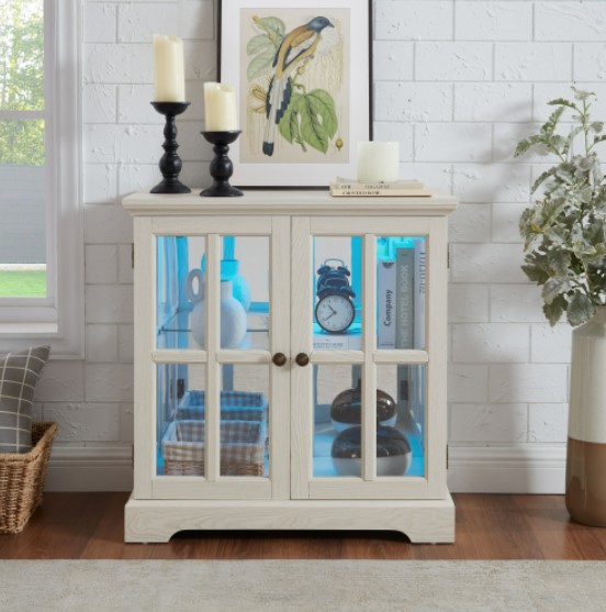 thumbnail video image 2 of Eyisean 32" H LED Glass Display Cabinet with 7 Color Lights for Collectibles, Lighted Vintage Curio Cabinet with Lattice Doors, Modern Display Showcase with Adjustable Shelves for Living Room, 2 of 12