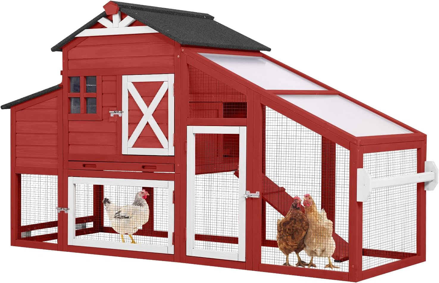 thumbnail video image 2 of Aivituvin Mobile Chicken Coop with Run, Large Wooden Hen House Poultry Cage with Wheels, Nesting Box, Pull-Out Tray, Waterproof Roof, Red, 2 of 9