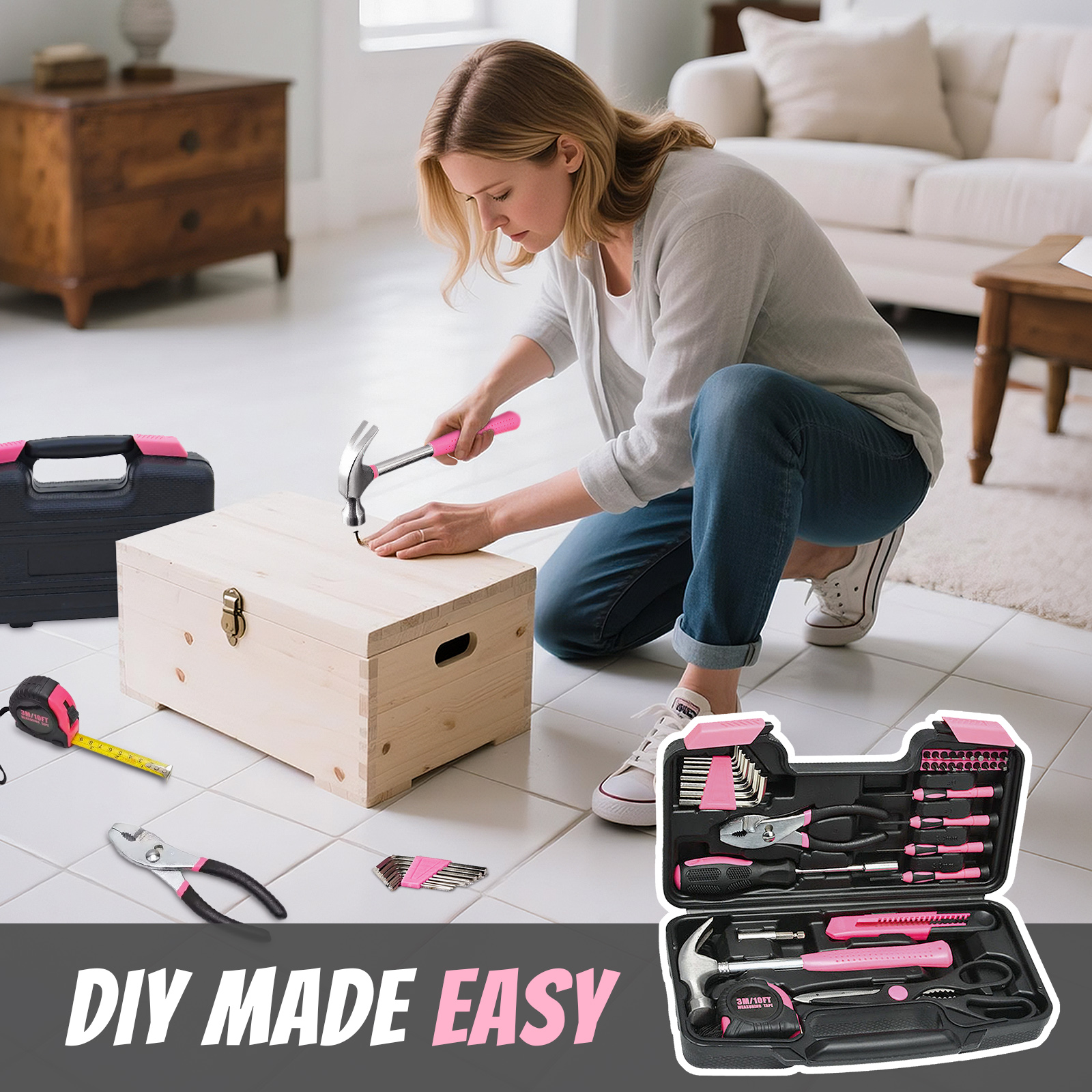 thumbnail video image 2 of (2 pack) Lockways 39 PCS Pink Tool Set, with 14 Pcs Power Nuts, Basic Household Tool Kit, Fathers Day Gifts, All Purpose Tool Set with Tool Box for Home, Garage, Office and College Dormitory Use, 2 of 8