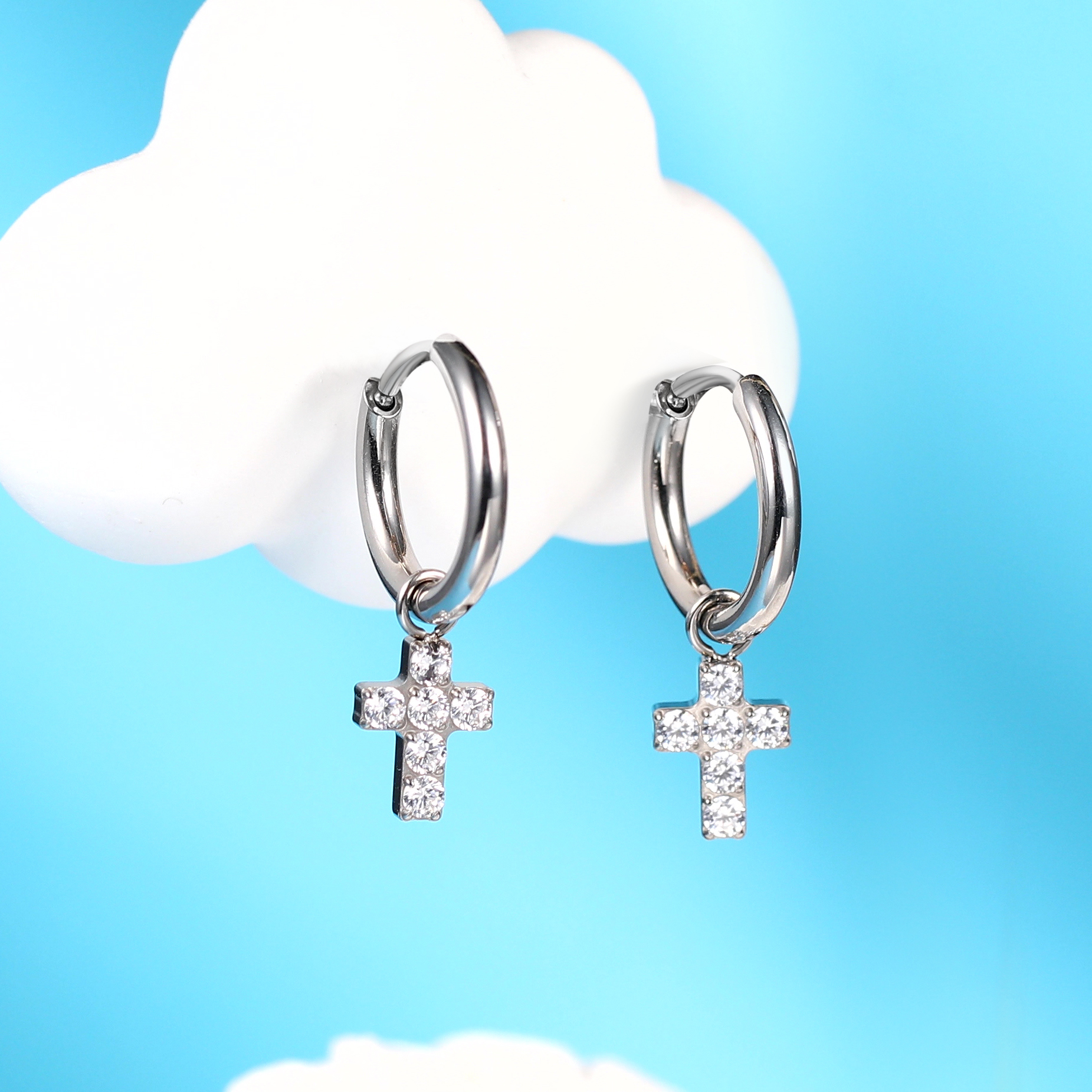 thumbnail video image 2 of Limerencia Hypoallergenic Pure Titanium Earrings with Cross  Zirconia Dangles Fine Women's Earrings, 2 of 5
