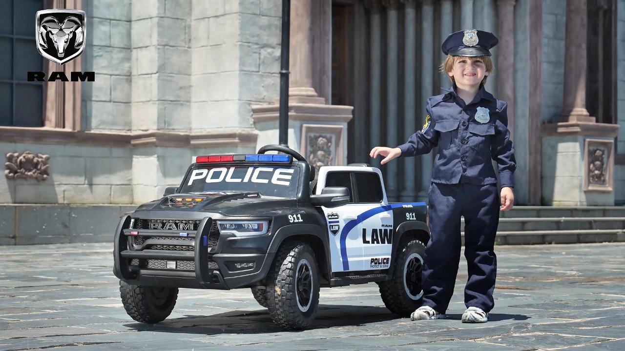 thumbnail video image 2 of iYofe Ram 24V Ride on Police Car 2 Seater, Ram 1500 RHO Battery Powered Electric Car Truck with 4 Wheels, Ride on Toy with Remote Control for Big Kids Toddlers 3-8 Boys Girl, Bluetooth & Trunk, Black, 2 of 10