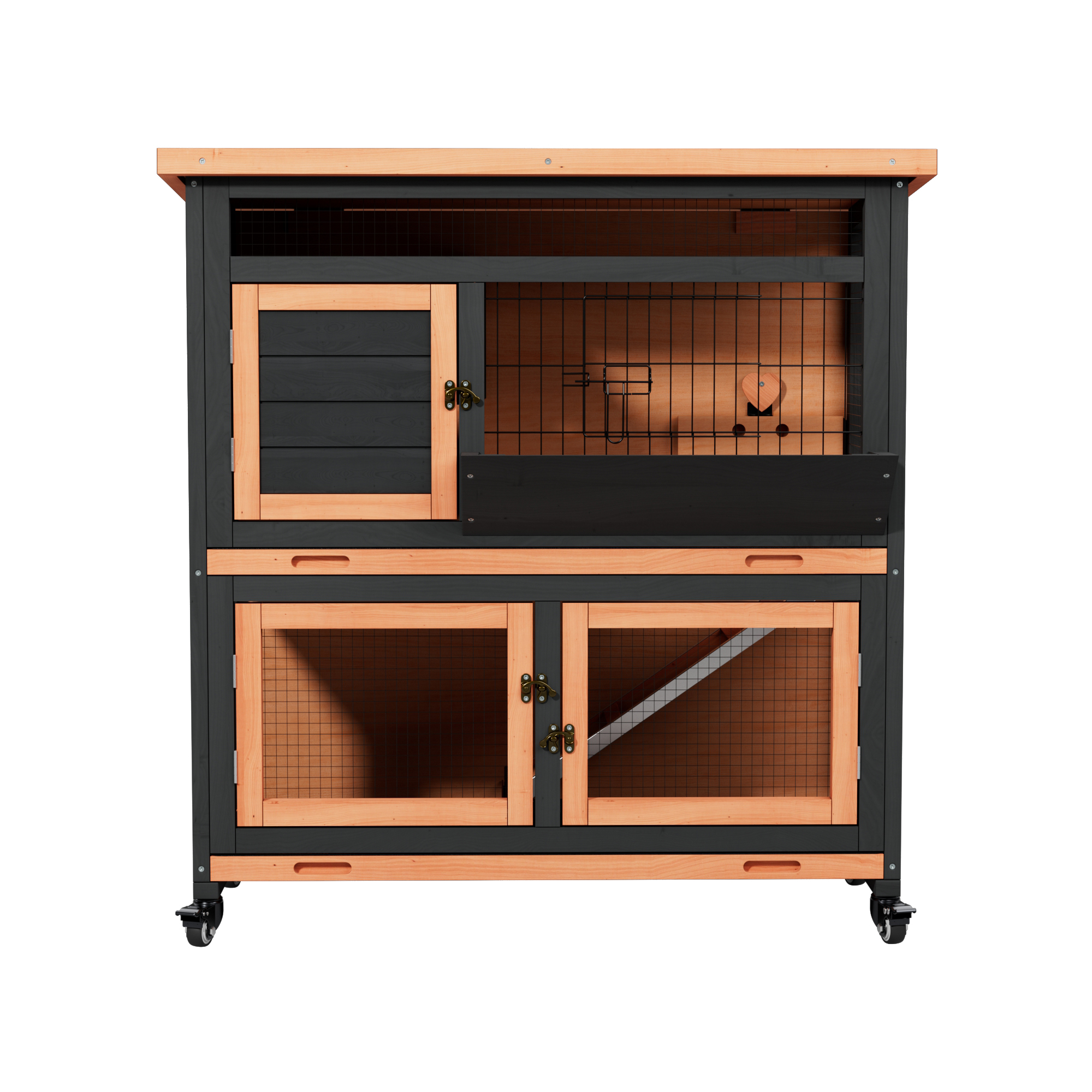 thumbnail video image 2 of Wooden Rabbit Hutch Indoor Outdoor Rabbit Cage with Two Removable Trays Bunny Cage on Wheels Guinea Pig Cage 2 Story, 2 of 11