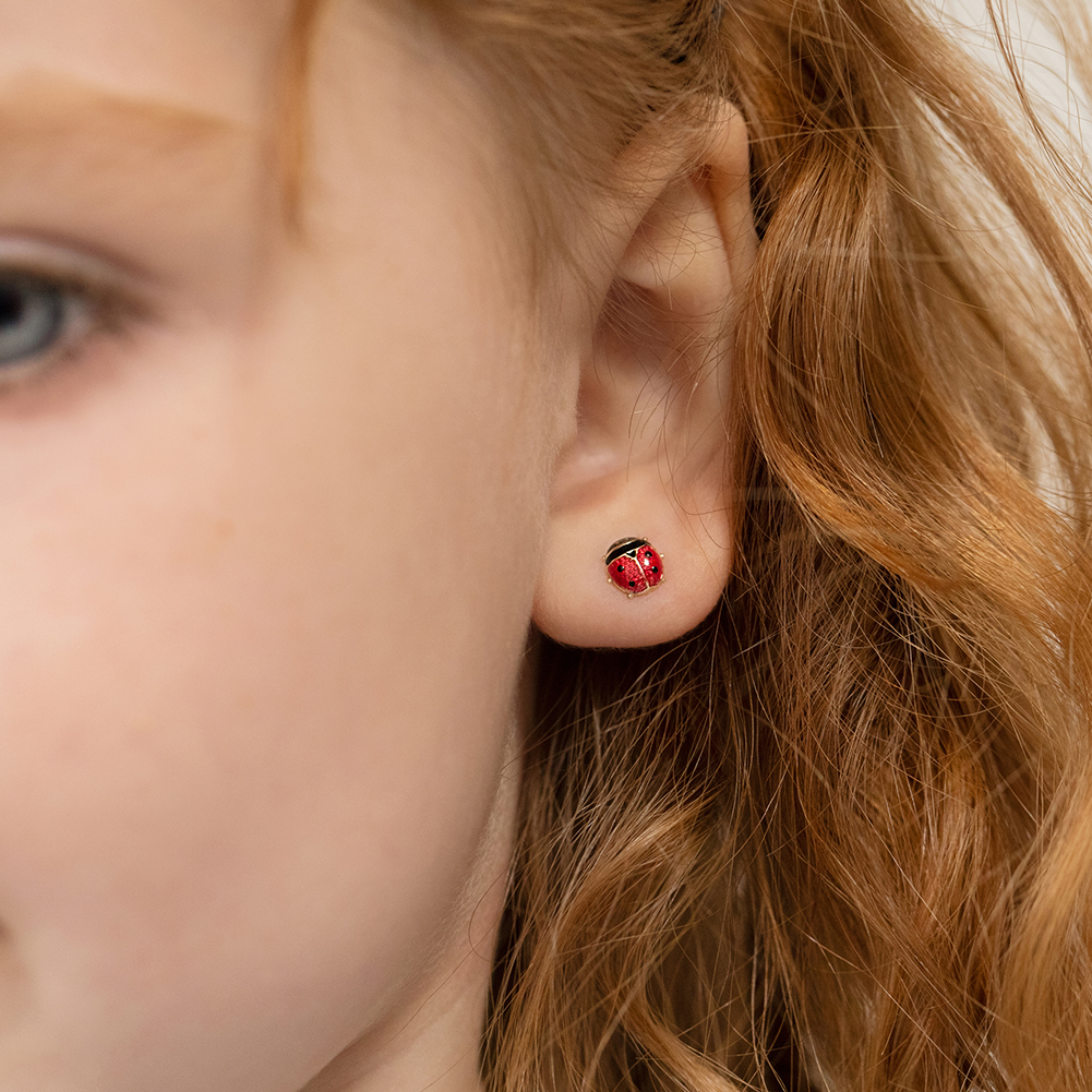 thumbnail video image 2 of 14k Yellow Gold Red Enamel Ladybug Screw Back Earrings for Infants to Toddlers, 2 of 6
