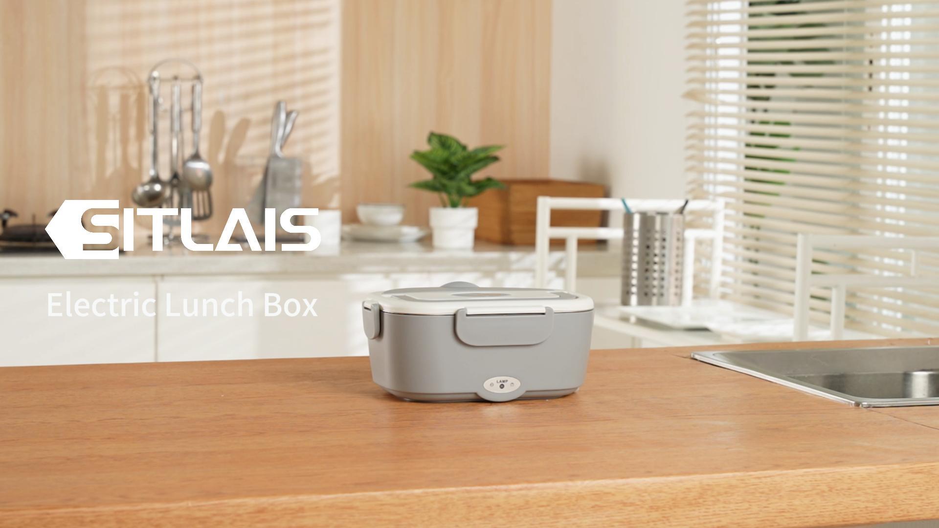 thumbnail video image 2 of Sitlais Electric Lunch Box Food Heater for Work - 12V/24V/110-220V Food Warmer for Car Truck Outdoor with 2 Packs Stainless Steel Containers Potable Heating lunch Box for Adults Camping(grey), 2 of 8