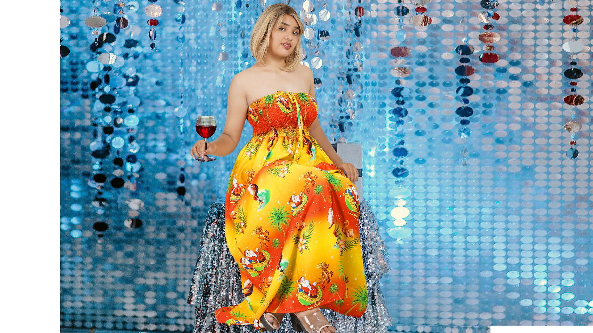 thumbnail video image 2 of HAPPY BAY Women's A line Slit Smocked Maxi Beach Dress Tube Top Evening Long Strapless Casual Christmas Tree Dress for Women L-XL Orange, Palm Tree, 2 of 6