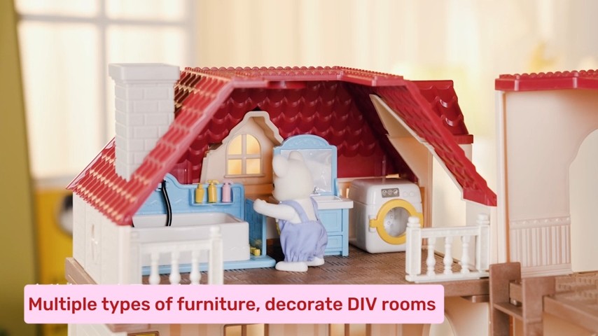 thumbnail video image 2 of OLEOCA Family Deluxe Dollhouse Dining Set — Stove & Sink Unit, Fridge With Opening Doors, Table & Chairs, Dishes & Play Food — Dollhouse Furniture & Accessories for Ages 3+, 2 of 7