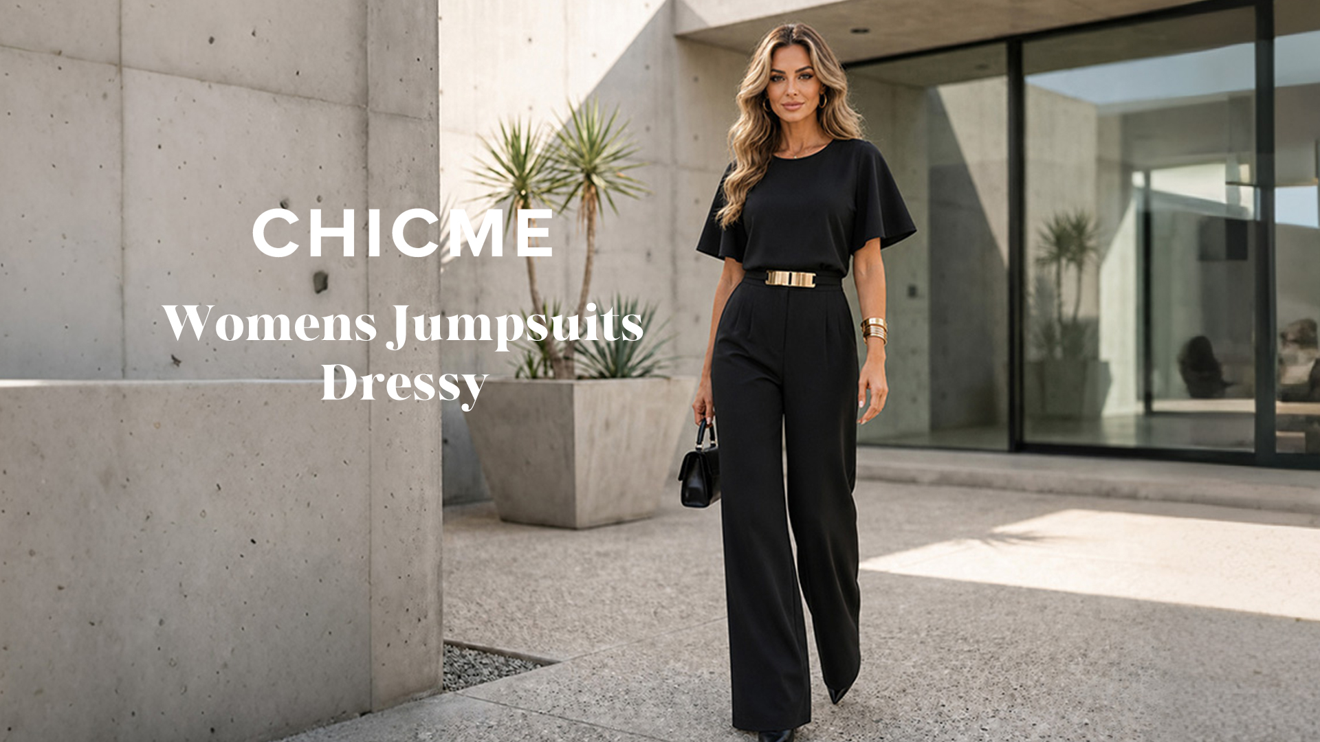 thumbnail video image 2 of CHICME Jumpsuits for Women Crew Neck Short Sleeve Waist Metal Decor Wide Leg Dressy Casual Womens Jumpsuit with Pockets Black-L, 2 of 9