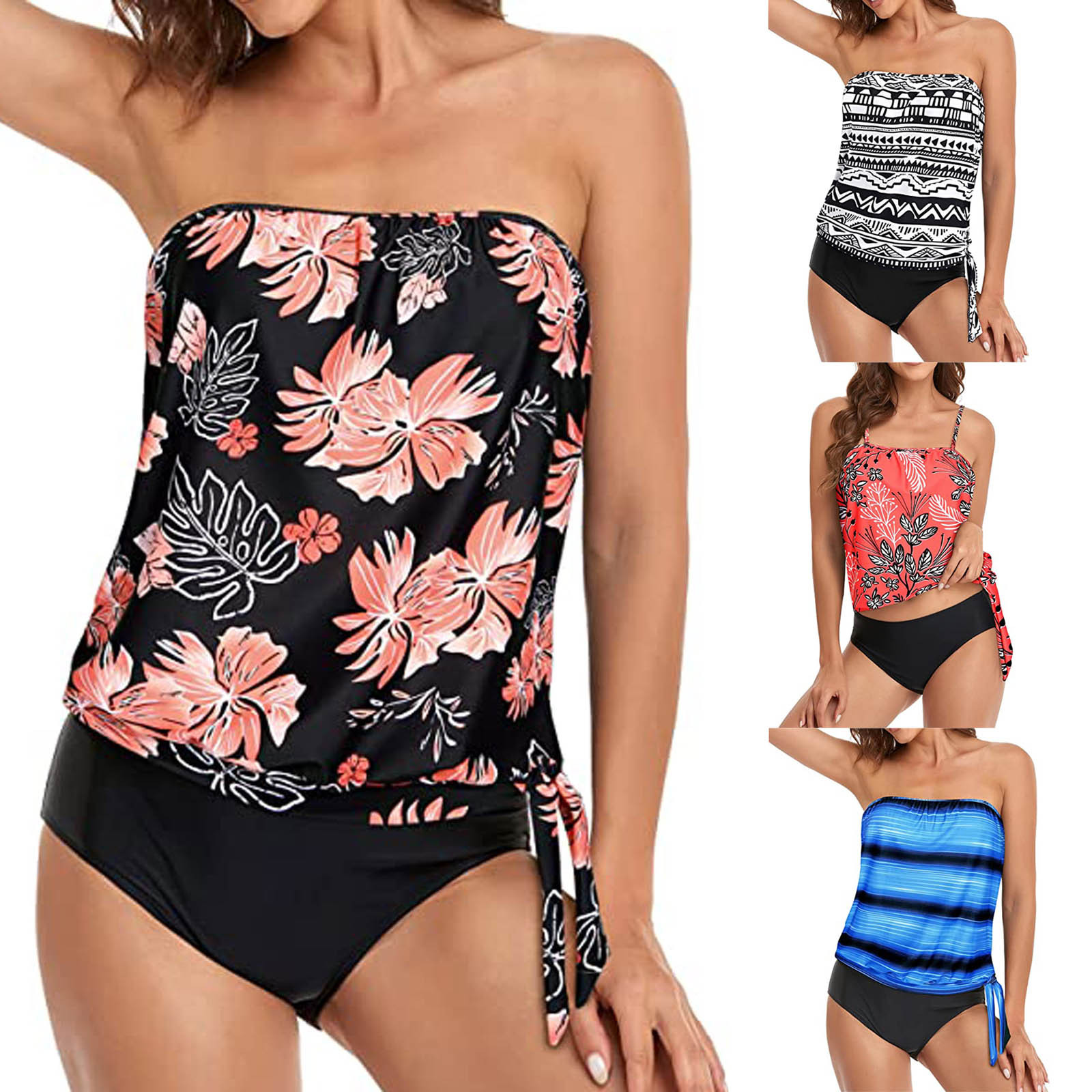 thumbnail video image 2 of WREESH Womens Tankini Two Piece Bandeau Swimsuits for Loose Fit Bathing Blouson Swim Tank Top with Shorts White, 2 of 9