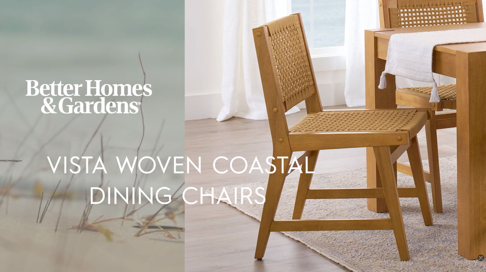 thumbnail video image 2 of Better Homes & Gardens Vista Woven Coastal Dining Chairs 2 Pack, Light Honey Finish, 2 of 16