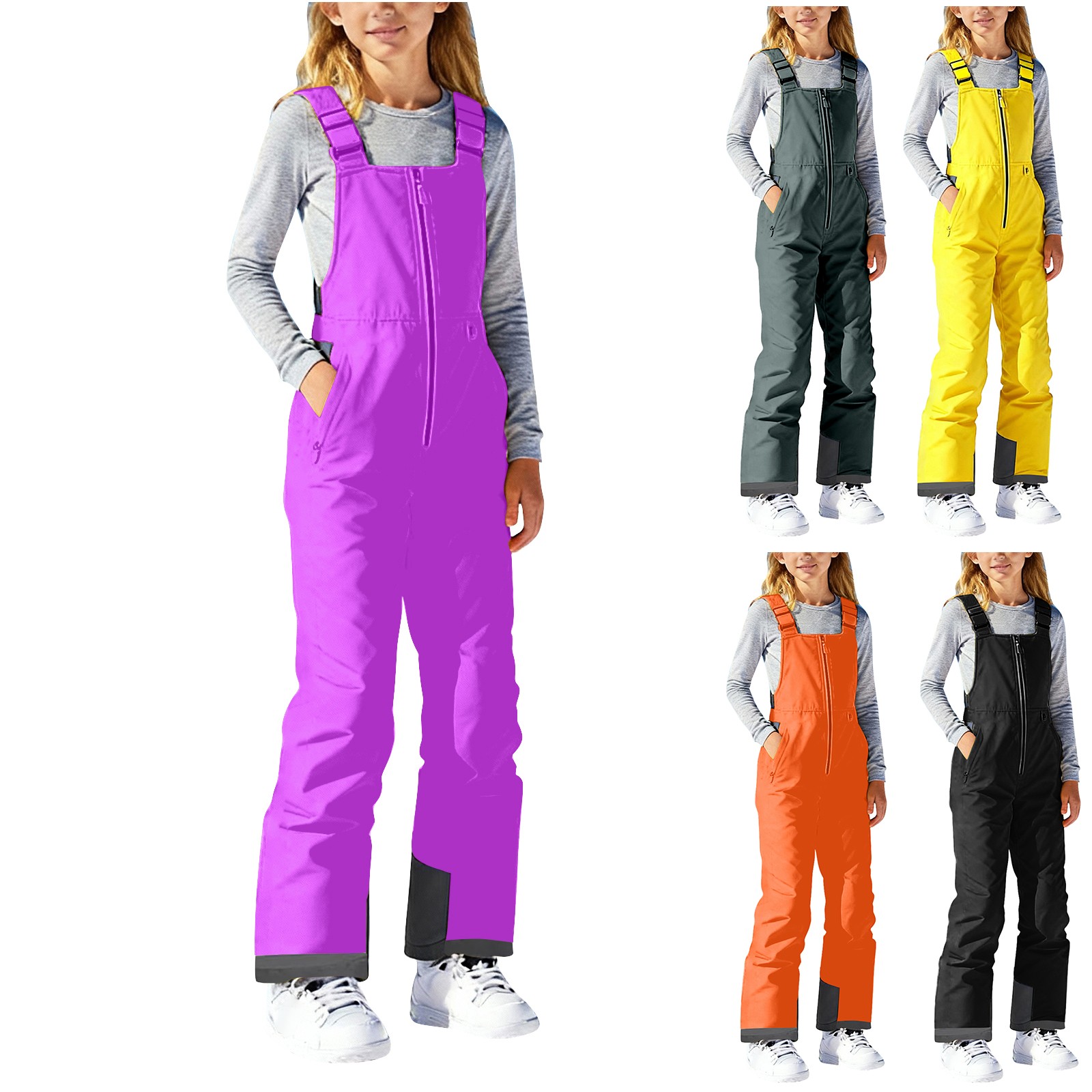 thumbnail video image 2 of PINQI Teen Girls Bib Snow Pants Winter Waterproof Insulated Snowpants Kids Front Zipper Outdoor Ski Overall with Pockets, 2 of 10