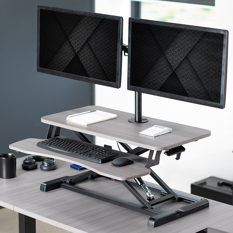 thumbnail video image 2 of VIVO Vintage Brown/Black 32" Standing Desk Riser with Dual 13"-30" Monitor Mount, 2 of 9