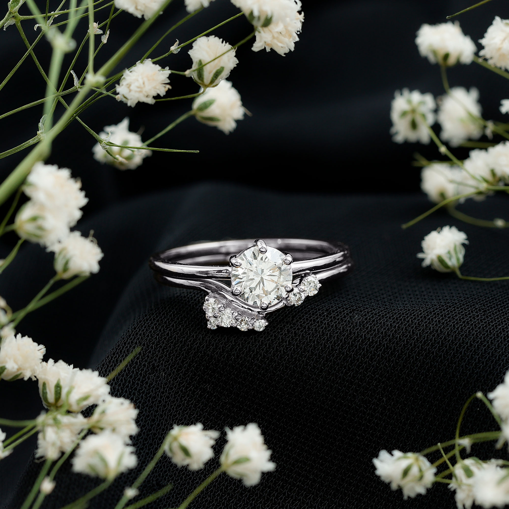 thumbnail video image 2 of Rosec Jewels Rings Set with Lab Diamond - 1 Ct Engagement Ring with Curved Band - EF-VS Quality, 10K White Gold, US 10.00, 2 of 9