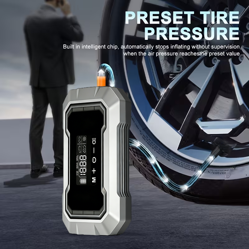 thumbnail video image 2 of Tire Inflator Air Compressor, Digital Car Tire Pump 12V DC, Portable Car Accessories for Men, Electric Air Pump 150 PSI For Car Tires, Bikes, Football, Preset Tire Pressure & Auto Shut off, 2 of 9