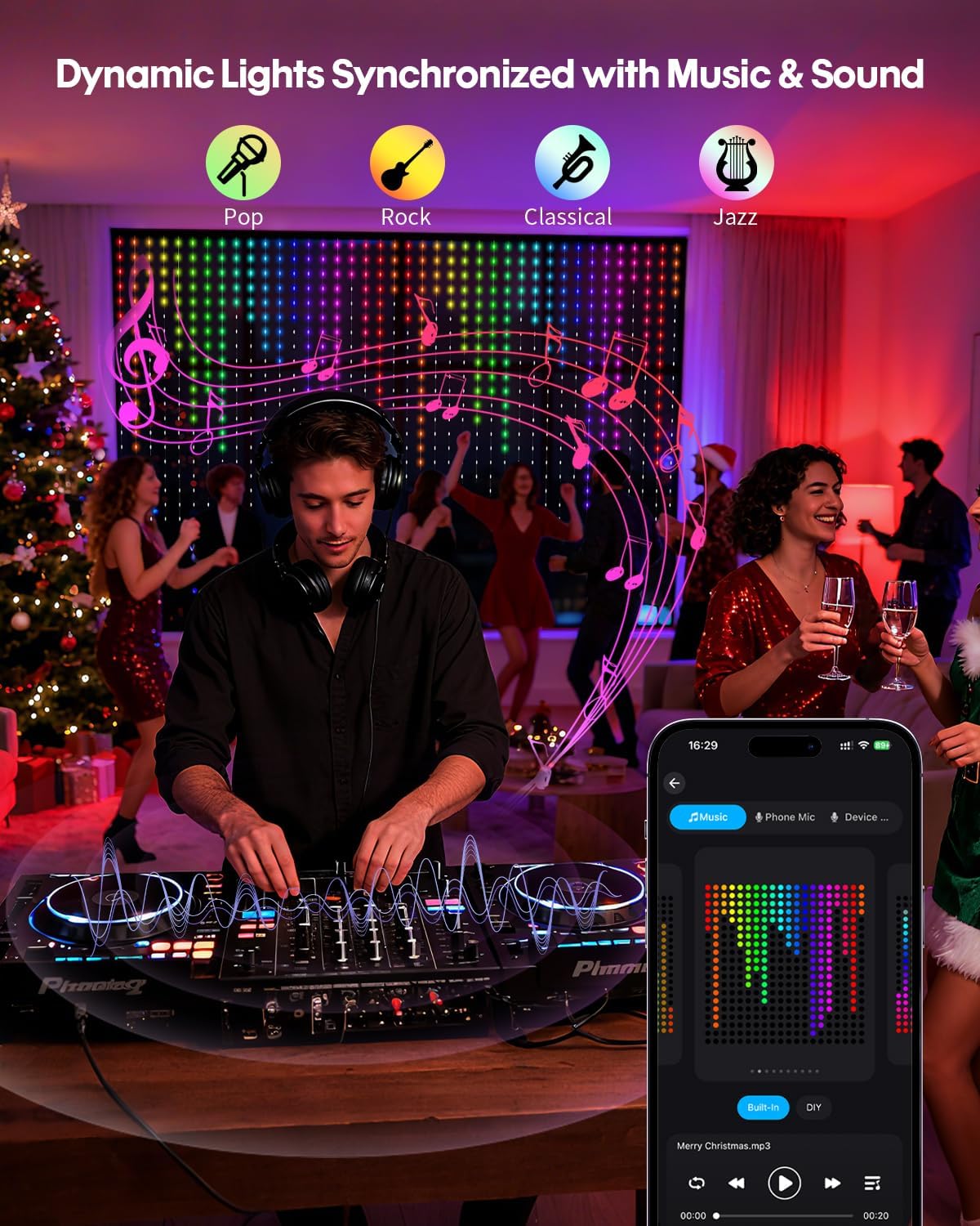 thumbnail video image 2 of Smart RGBIC Curtain Lights 7.9×7.9FT, 256-LED Color-Changing Backdrop Lights with App Control, Music-Sync Fairy Lights for Christmas, Bedroom, Party Walls, Weddings, Outdoor, Patio & Holiday Decor, 2 of 7