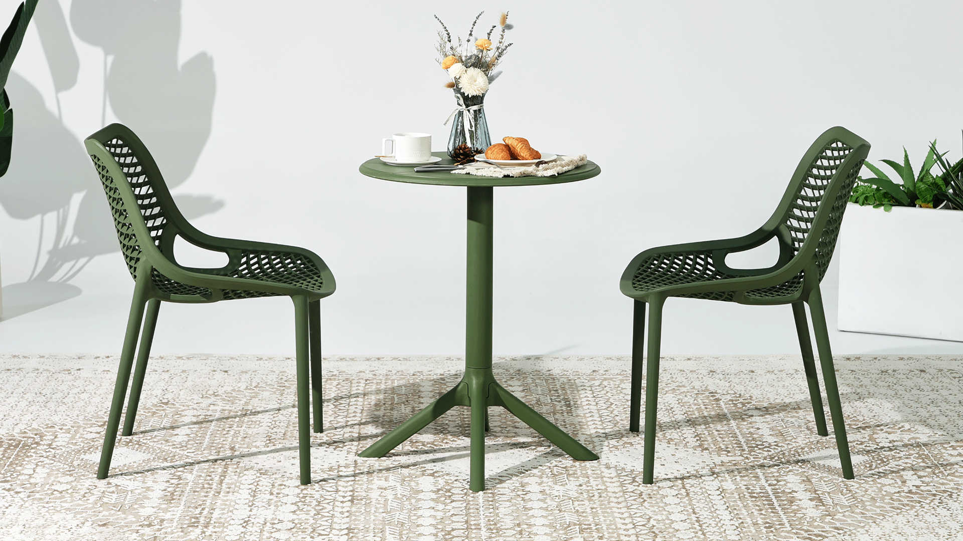 thumbnail video image 2 of WestinTrends Playa 3-Piece Outdoor Resin Patio Bistro Set with Stackable Patio Dining Side Chairs, Olive Green, 2 of 16