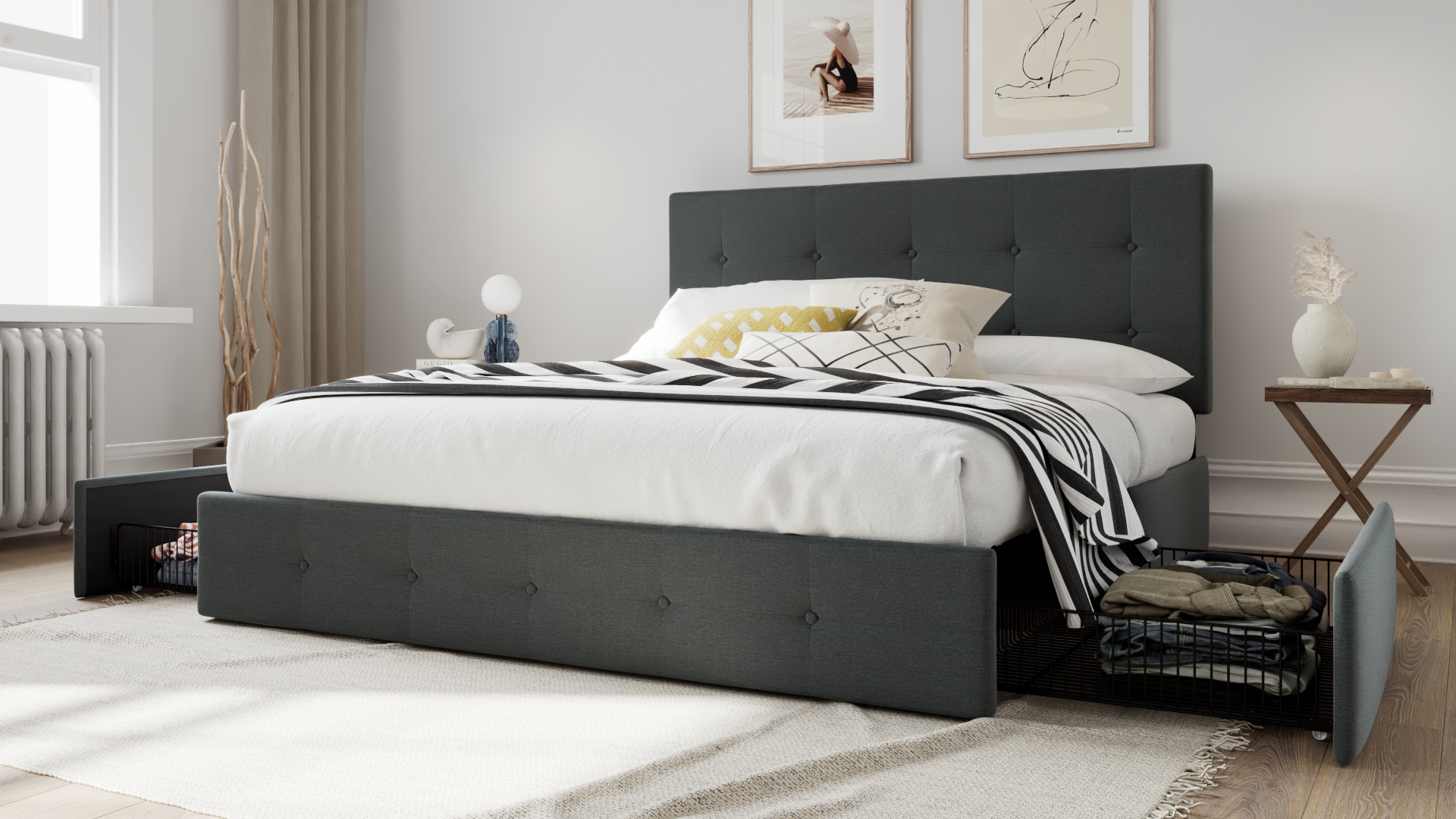 thumbnail video image 2 of Amolife Queen Size Platform Bed Frame with Square-stitched Headboard and 4 Drawers, Light Gray, 2 of 8