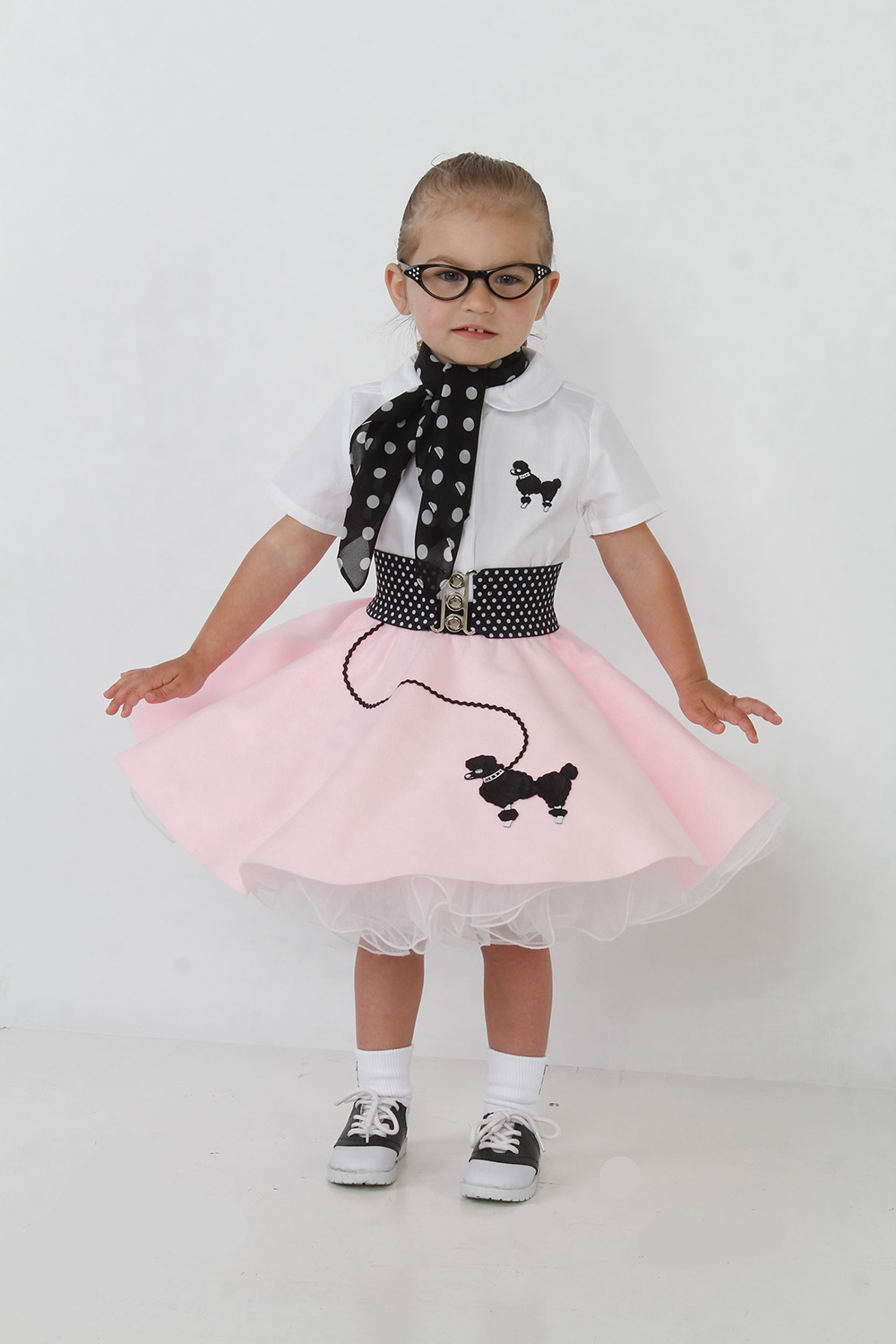 thumbnail video image 2 of Hip Hop 50's Shop 1950s Toddler Poodle Skirt Costume Outfit 7 Piece Set for Girls with Skirt Slip Shirt Glasses Scarf Socks Belt (2T Hot Pink), 2 of 8