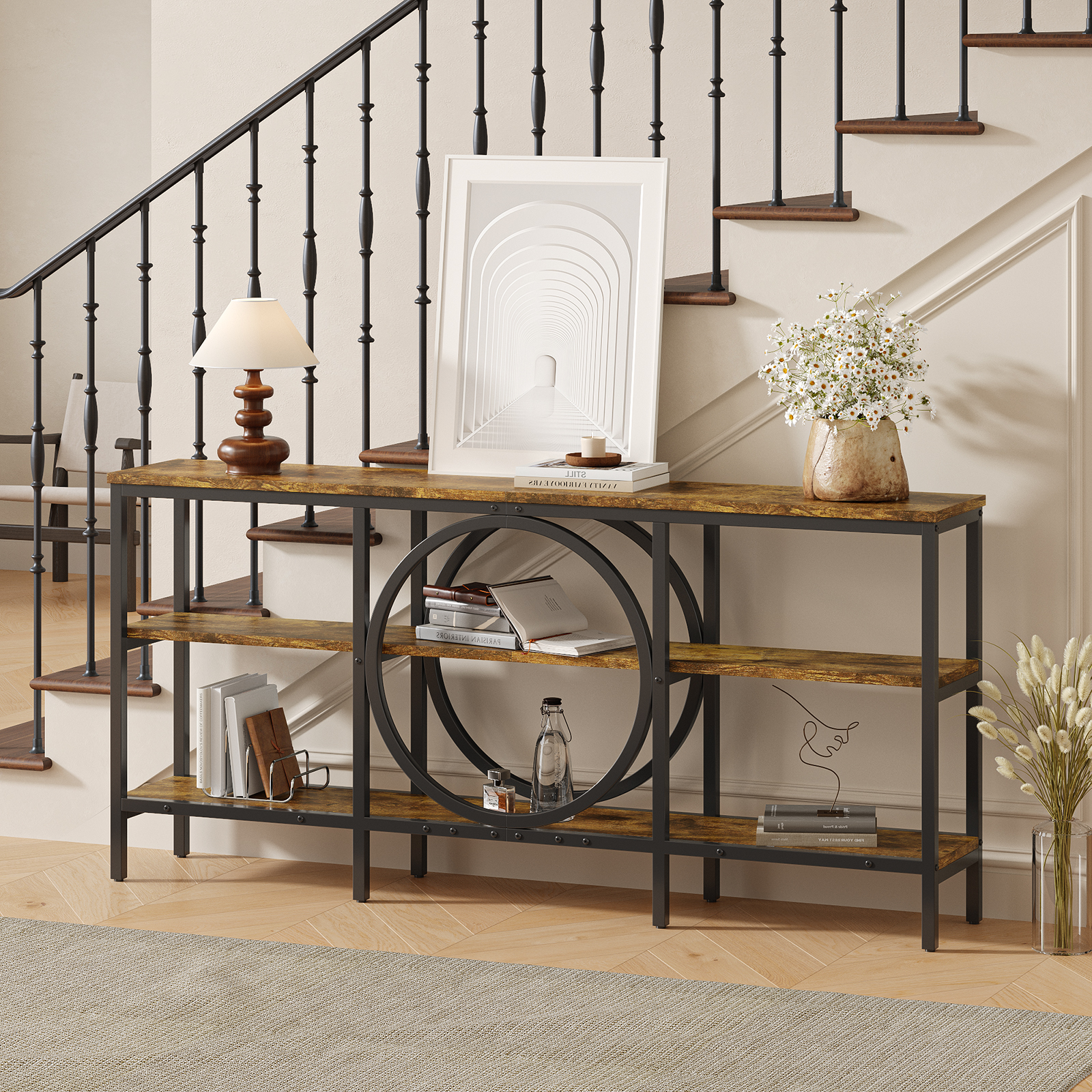 thumbnail video image 2 of Tarnorci Extra Long Console Table, 66.92inch Narrow Sofa Tables with 3 Tier Wood Storage Shelves Industrial Metal Frame for Entryway Hallway Living Room Behind Couch Brindle, 2 of 10