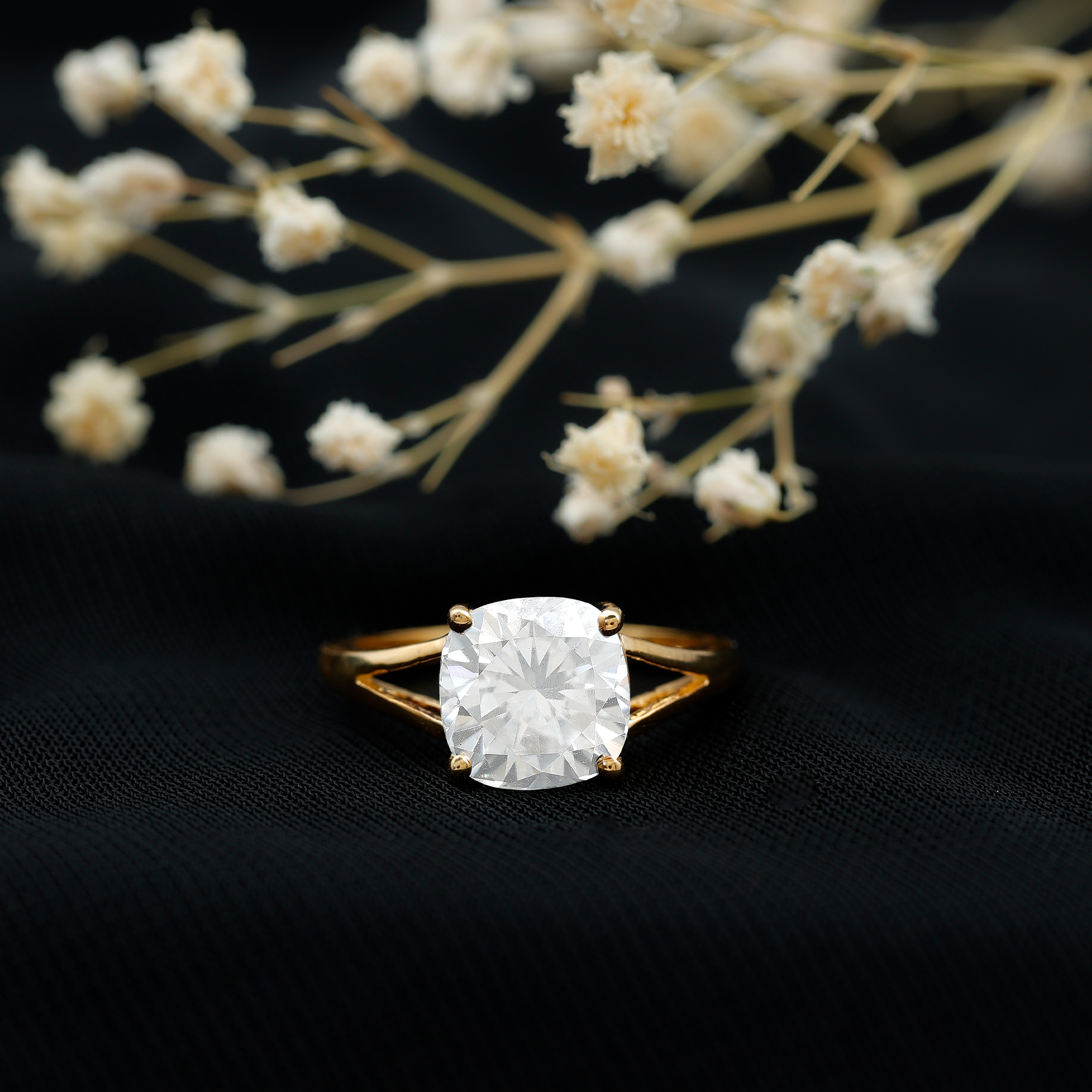 thumbnail video image 2 of Rosec Jewels Moissanite Cushion Cut Engagement Ring Solitaire - Split Shank Ring (8 mm, 3 Carat, D-VS1 Quality), 14K White Gold, US 4.00, 2 of 8