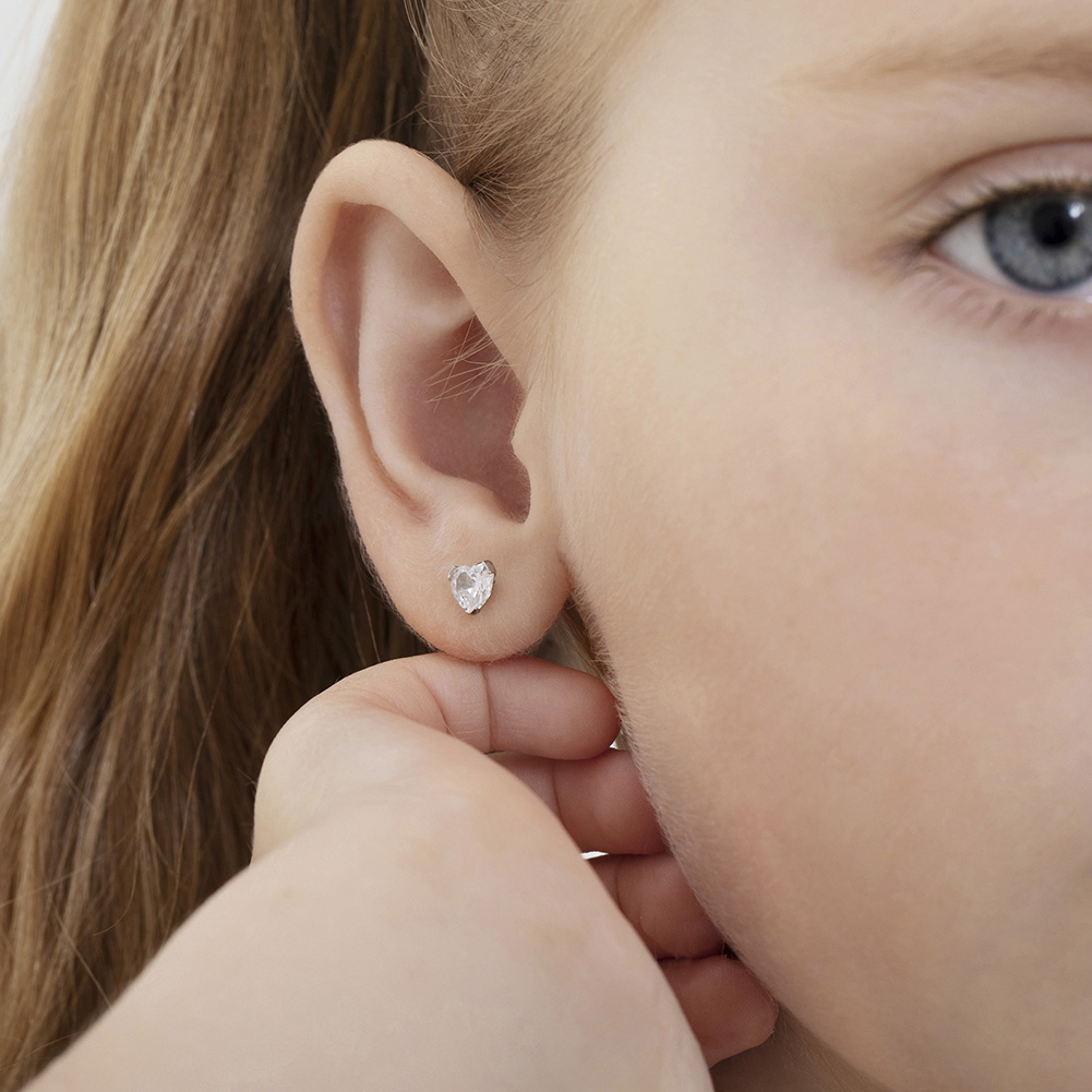 thumbnail video image 2 of Delicate Simulated Sapphire Heart Girls Earrings Screw Back - 14k White Gold, 2 of 7
