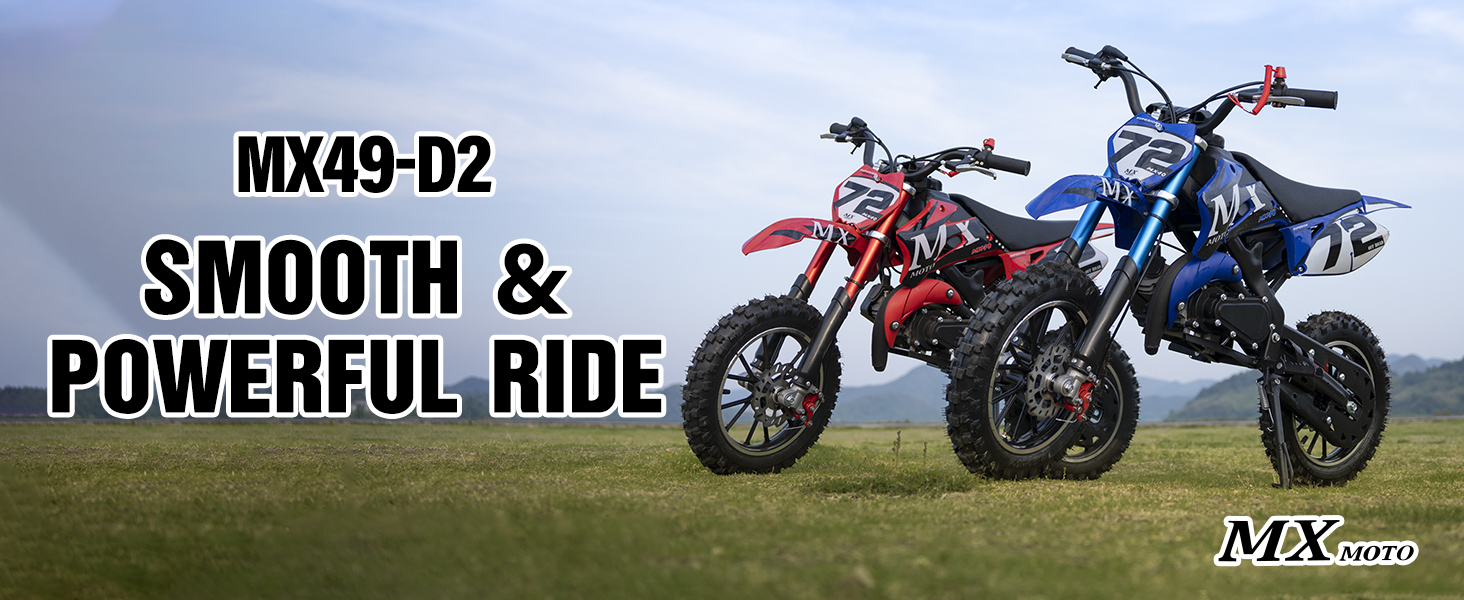 thumbnail video image 2 of MX Moto 49CC Kids Dirt Bike, 2-Stroke Gas Powered off Road Motorcycle, Tire Shock Absorber Spring Soft Seat Cushion with F & R Disc Brake, Max Speed 24 mph, with Armor, 2 of 7