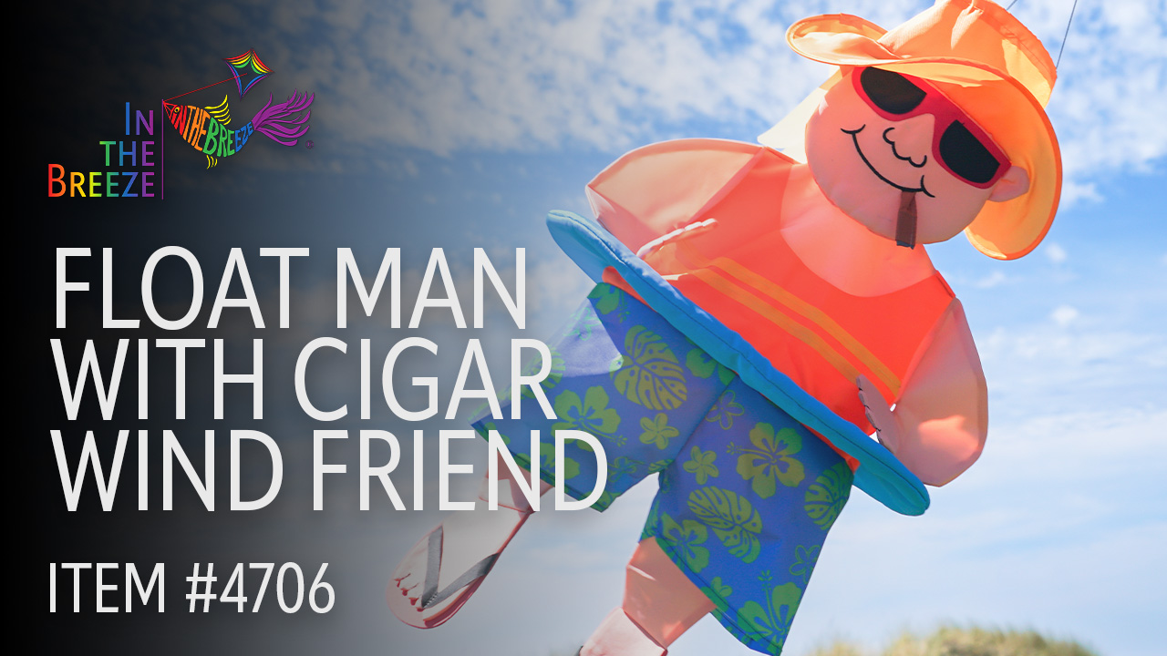 thumbnail video image 2 of In the Breeze 4706 — Float Man With Cigar Wind Friend, Hanging Summer Patio Novelty Windsock, 2 of 7