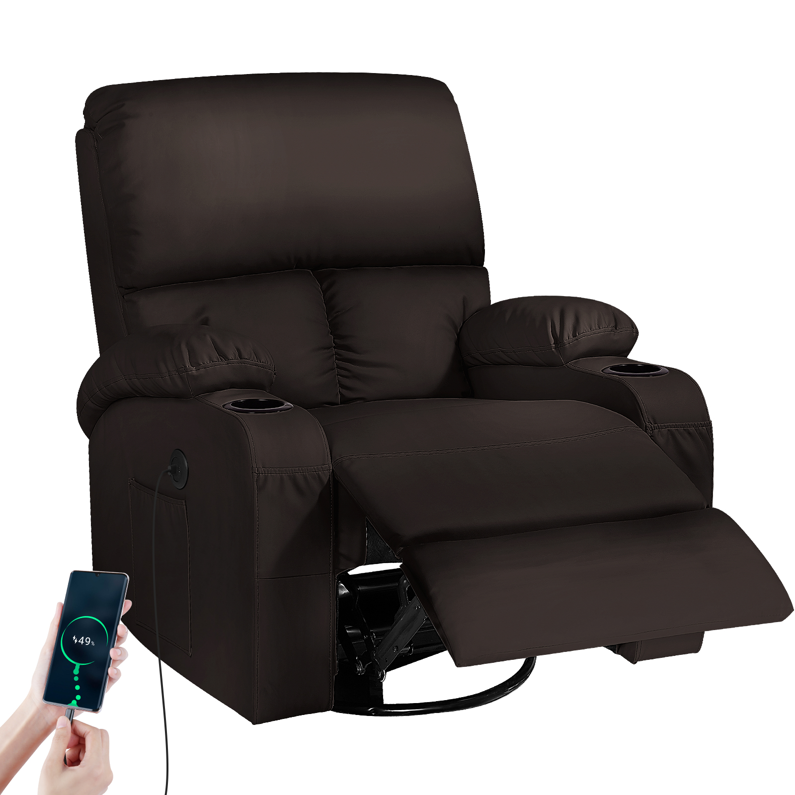 thumbnail video image 2 of Rocking Recliner Chair, Massage Rocker Recliner Chair with Vibration Massage and Heat, USB and Type-C Ports,360° Swivel Faux Leather Chairs, Living Room, Bedroom, Nursery, RV, Light Grey, 2 of 8