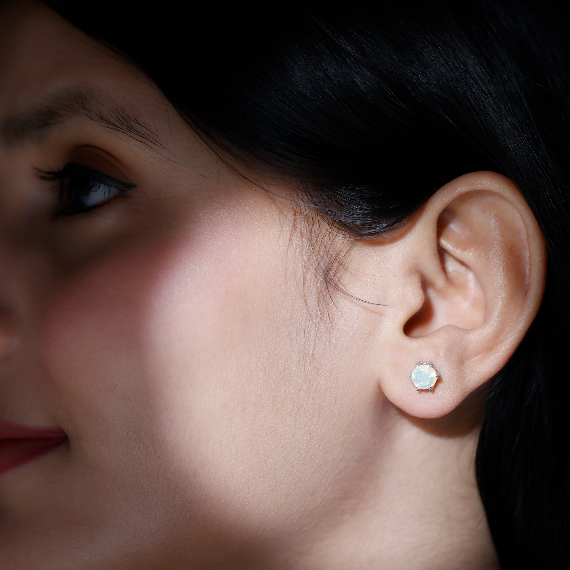 thumbnail video image 2 of Rosec Jewels Round Shape Ethiopian Opal Solitaire Stud Earrings (6 mm, AAA Quality), 10K White Gold, 2 of 10