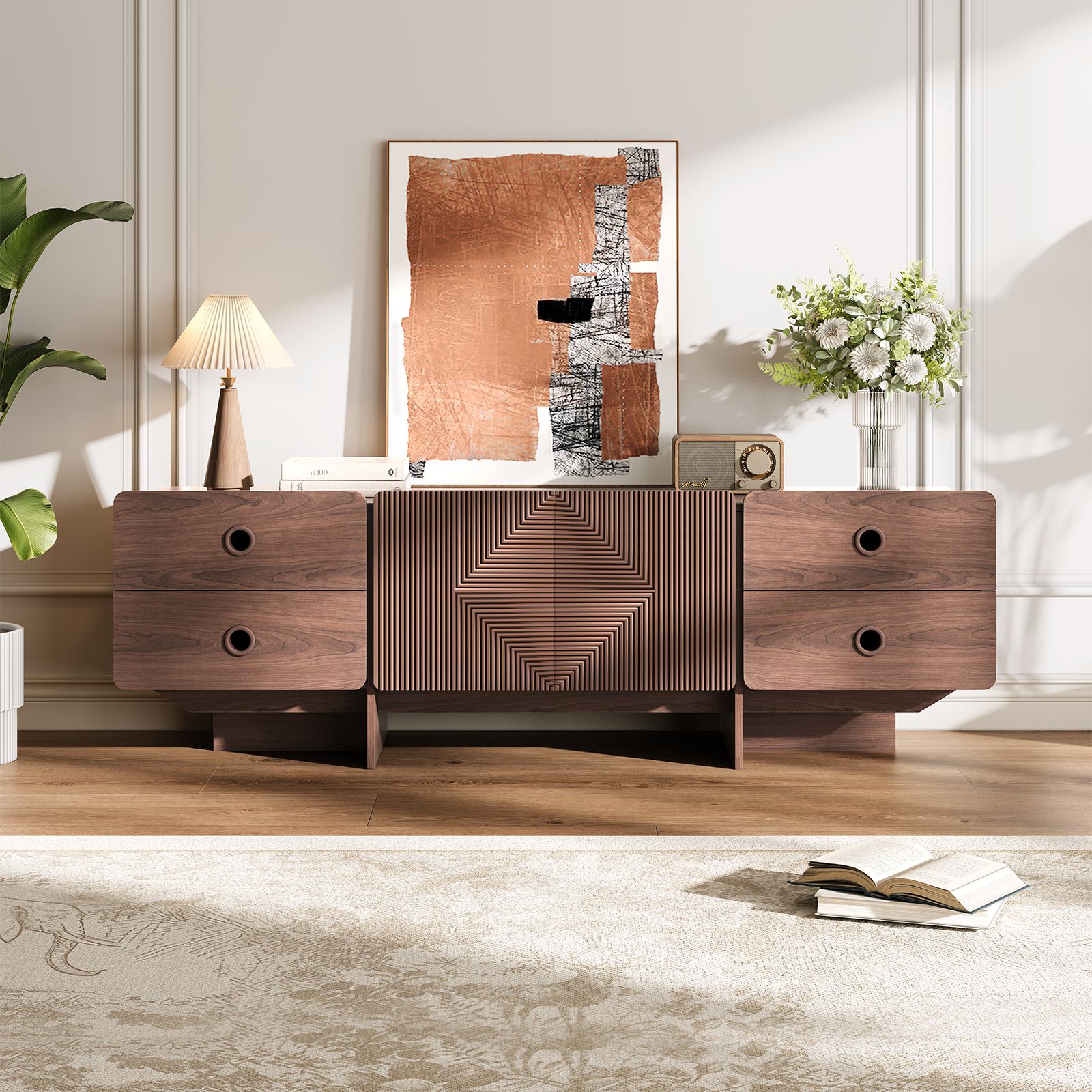 thumbnail video image 2 of JOINICE Mid Century Modern TV Stand for 60-75 Inch TVs, Low Entertainment Console with Storage, Walnut Finish, 2 of 8