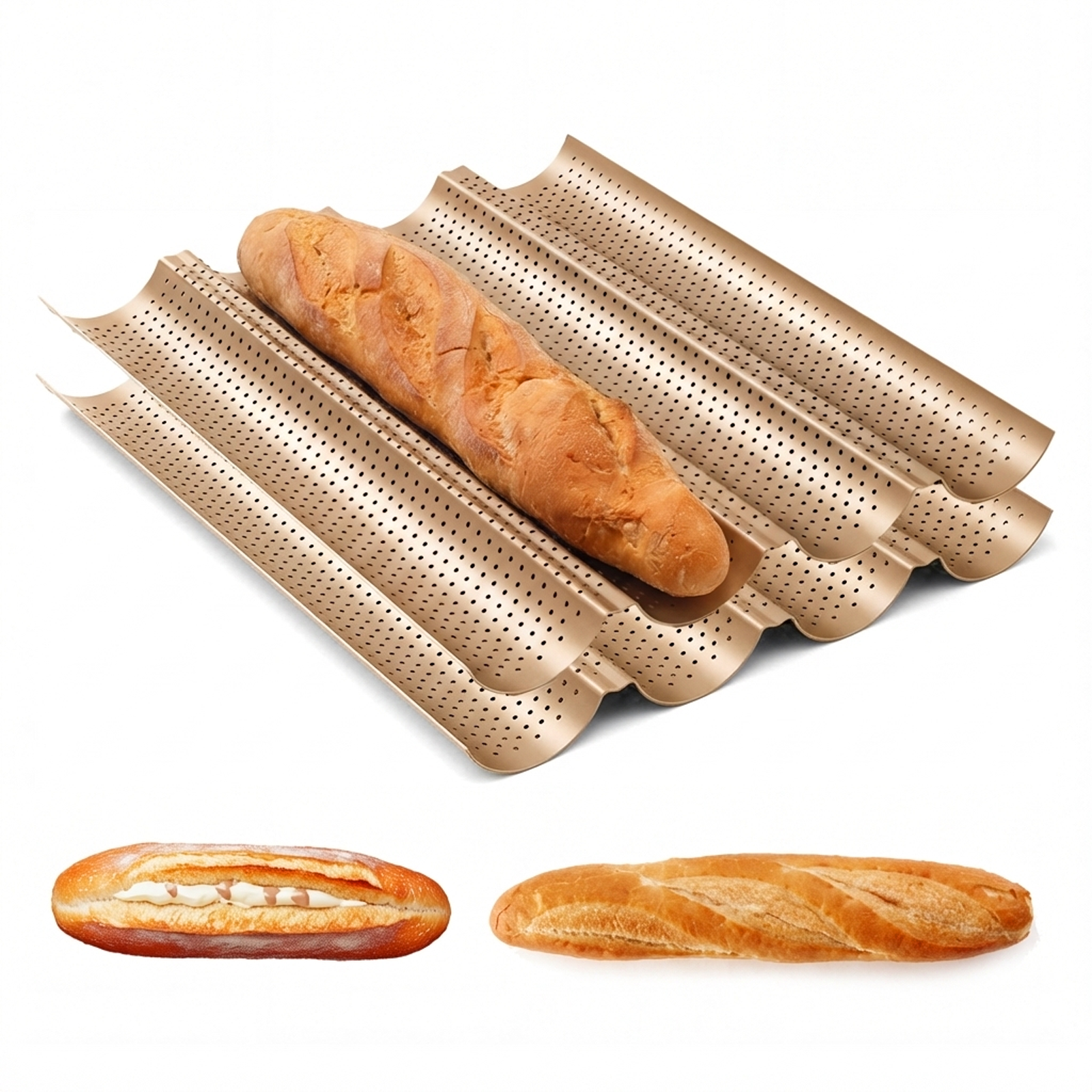 thumbnail video image 2 of 2 Pack Baguette Baking Pan, 4 Loaf Perforated Nonstick French Bread Pan with Proofing Cloth, for Sourdough & Italian Bread, Crisp Crust Bakeware, 15" x 13", 2 of 9