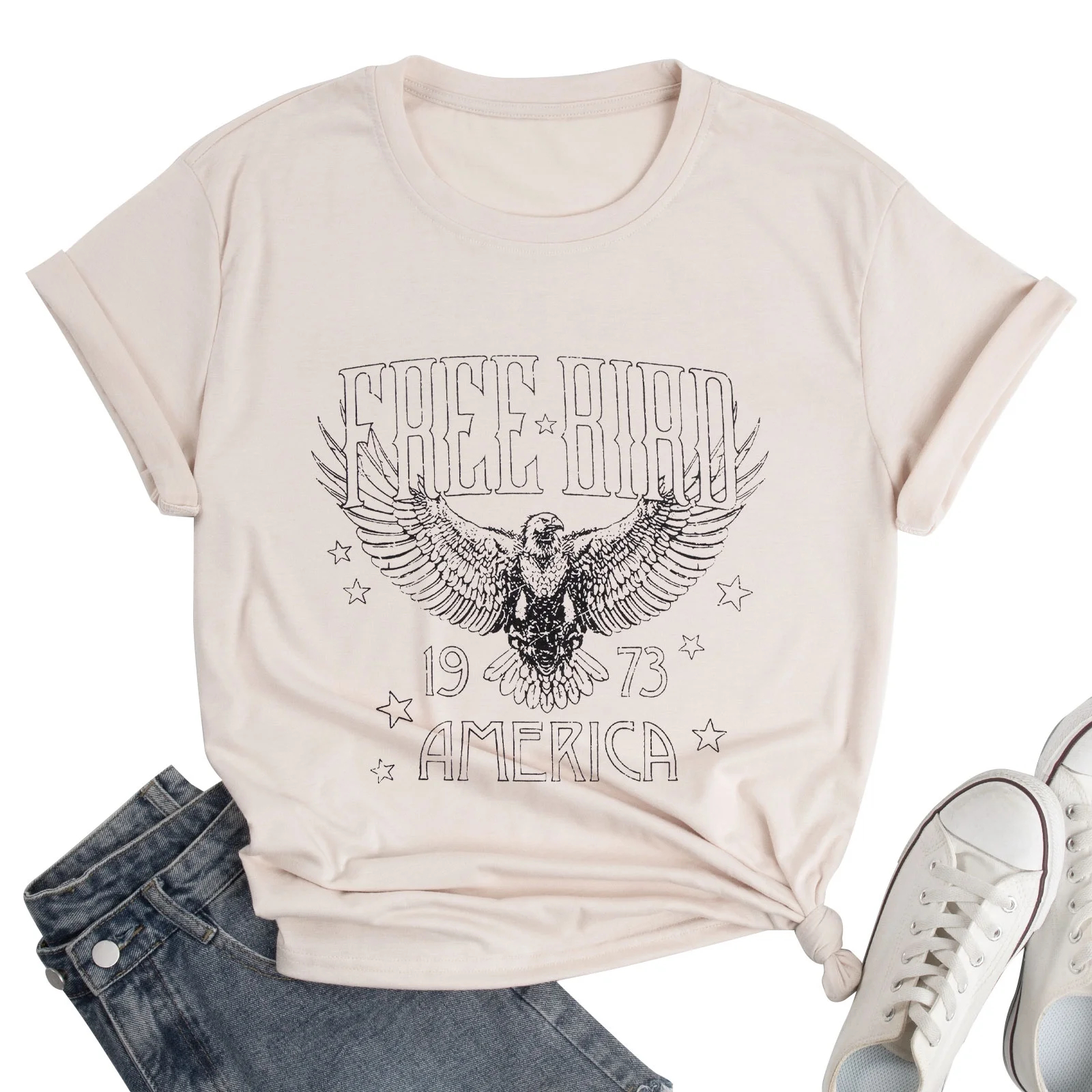 thumbnail video image 2 of KimSoong Woman Vintage Rock Band T-Shirt Retro Bird Shirt Eagle Graphic Tees Retro Music Shirt Casual Short Sleeve Tops, Apricot, 2 of 7