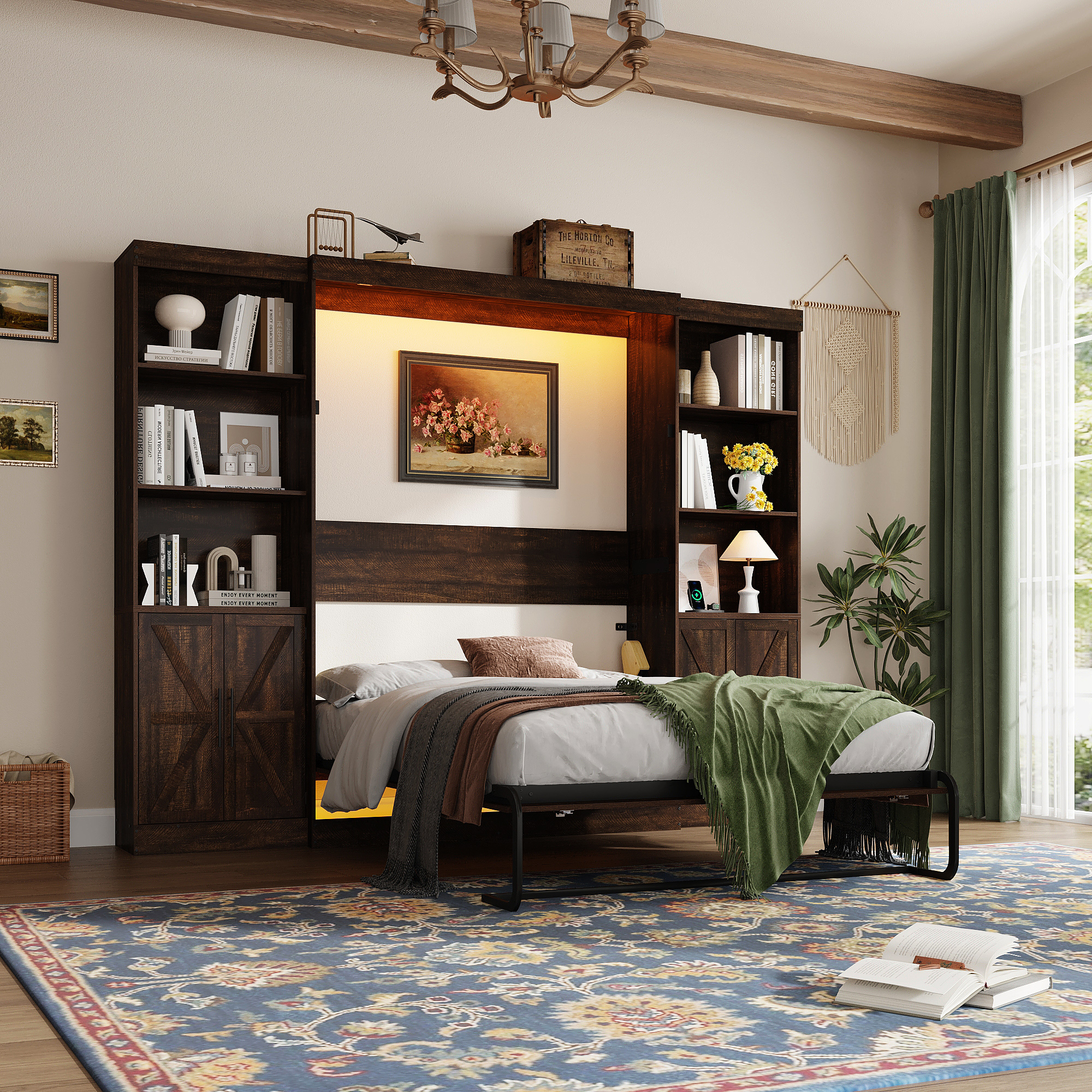 thumbnail video image 2 of ChVans Full Murphy Wall Bed with 2 LED Lights, Power Outlet, 2 Storage Units, Farmhouse Wood Space-Saving Hidden Folding Bed Chest, Multifunctional Storage Cabinet Bed with Gas Struts for Bedroom, 2 of 11