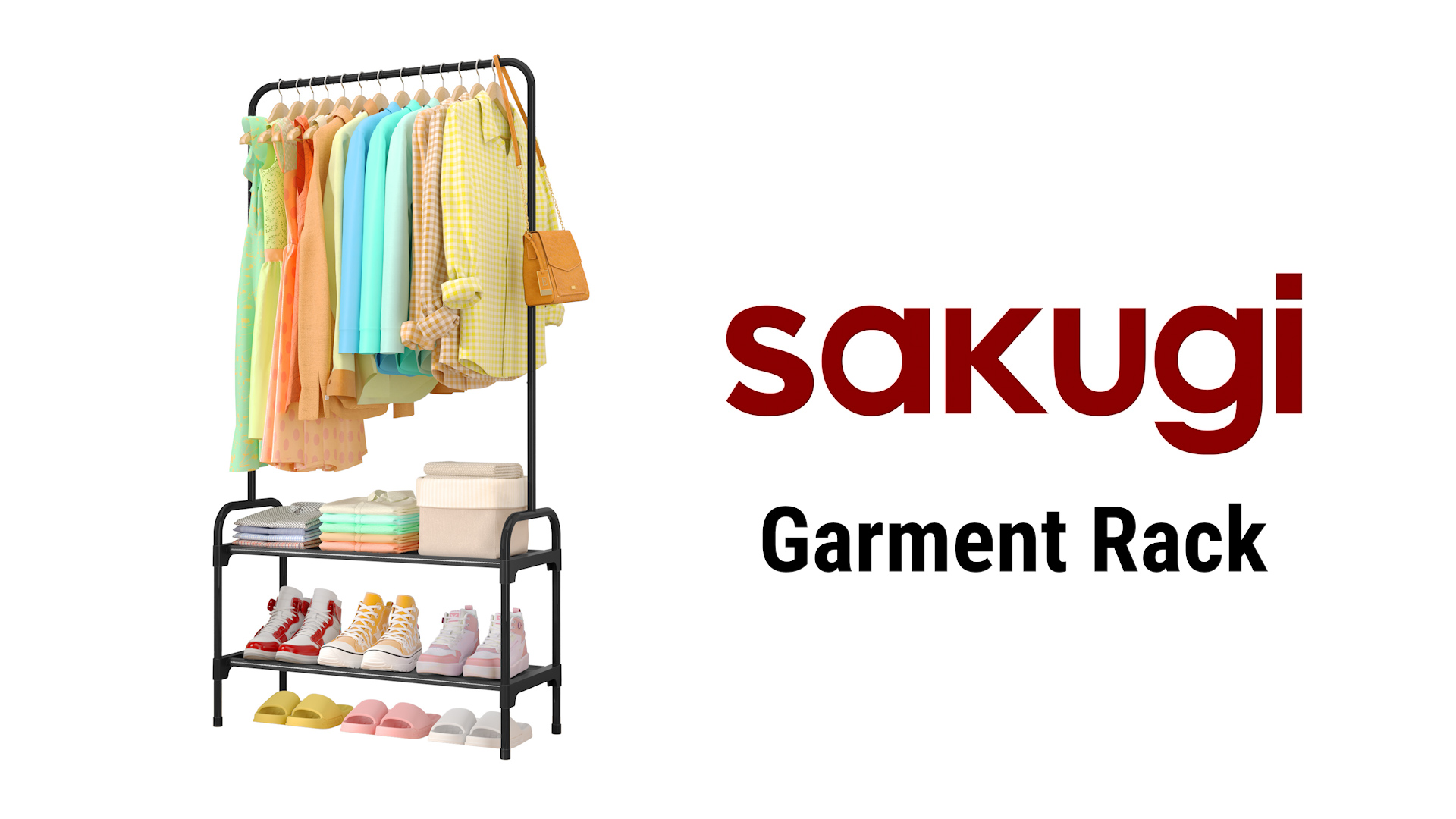 thumbnail video image 2 of Sakugi Clothes Rack - 29" × 11.8" × 59" Clothing Rack with 2-Tier Shoe Rack and Anti-Slip Stopper, Shoe Organizer for Entryway, Bedroom, or Laundry, Black, 2 of 8