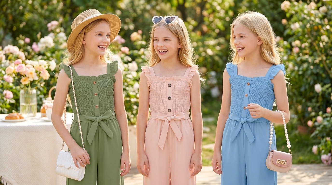 thumbnail video image 2 of PureChapter Girls Romper Girls Jumpsuit Solid Color Ruffle Strap Smocked Jumpsuit with Belt & Pockets 5-12Y, 2 of 8