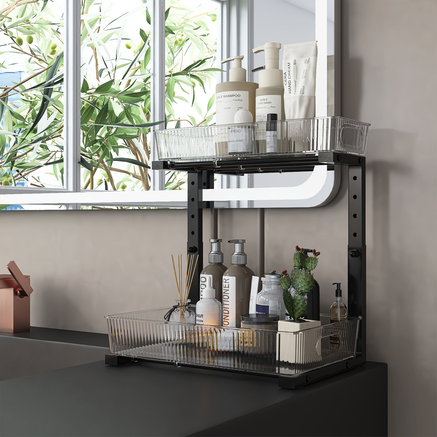 thumbnail video image 2 of (2 pack) Werseon Acrylic Under Sink Organizer, 2 Tier Adjuatable Pull Out Cabinet Organizer for Kitchen Bathroom Cabinet, 2 of 22