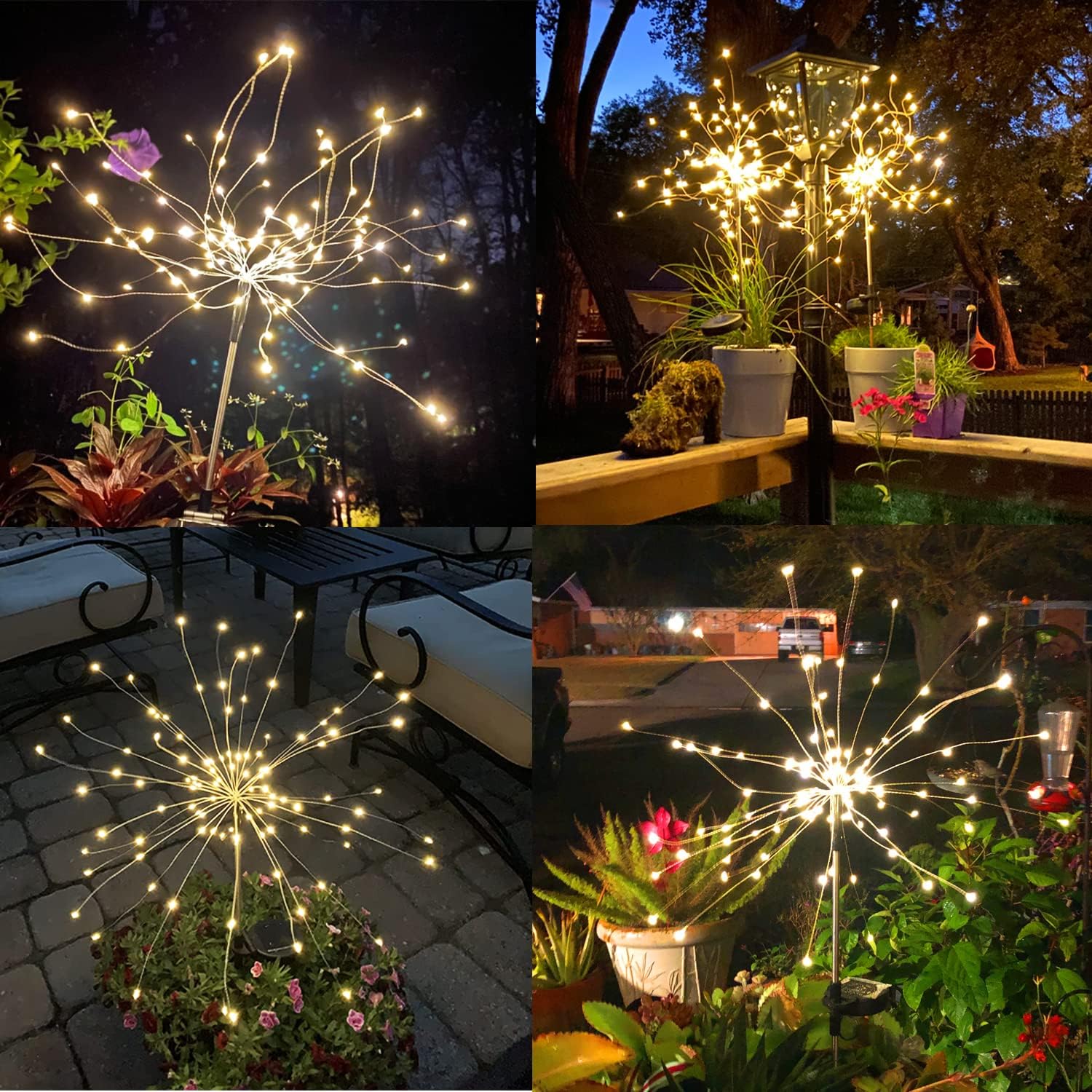 thumbnail video image 2 of Outdoor Solar Lights Firework, 2 Pack 120 LEDs Waterproof Solar Lights for Outside Garden Yard Pathway Fence - Warm White, 2 of 9