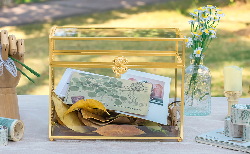 thumbnail video image 2 of NCYP Gold Glass Card Box with Lid for Wedding Reception, Wishing Well, Centerpiece, Card Box Only, 2 of 10