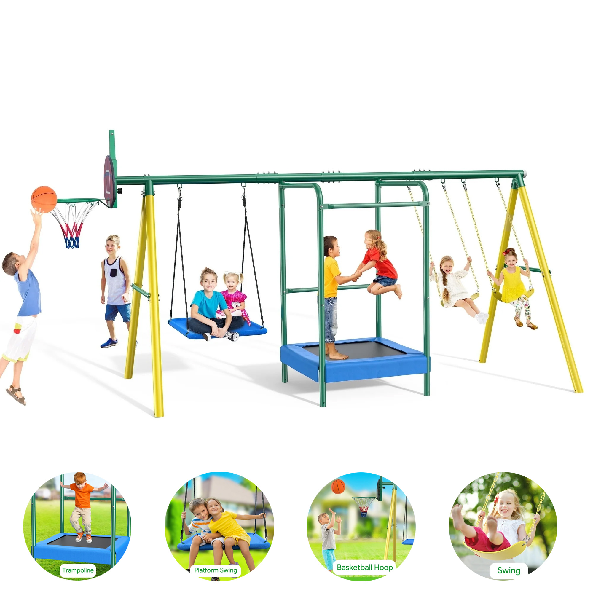 thumbnail video image 2 of Metal Swing Sets for Backyard,  Heavy-Duty Outdoor Kids Playsets for Playground,Outside Toys with Trampoline, Platform Swing, 2 Swings and Basketball Hoop for Aged 3-12, 2 of 10