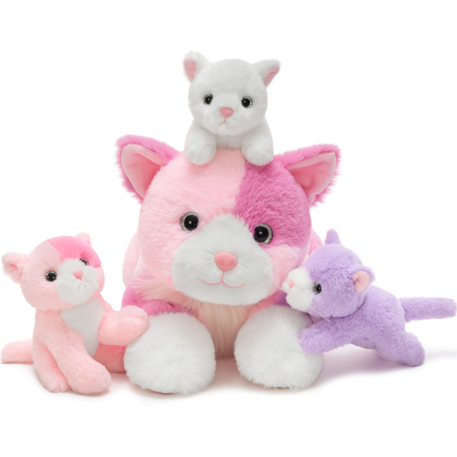 thumbnail video image 2 of MaoGoLan 4 Piece Cats Stuffed Animals 13.8 inch Mom Plush Cat with 3 Kittens Stuffed in Zipper Pouch, 2 of 9